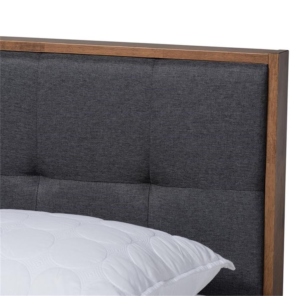 BOWERY HILL Queen Size Platform Bed with Dark Gray Fabric Upholstery and Walnut Finish - Perfect for Modern Bedrooms, Guest Rooms & Small Spaces