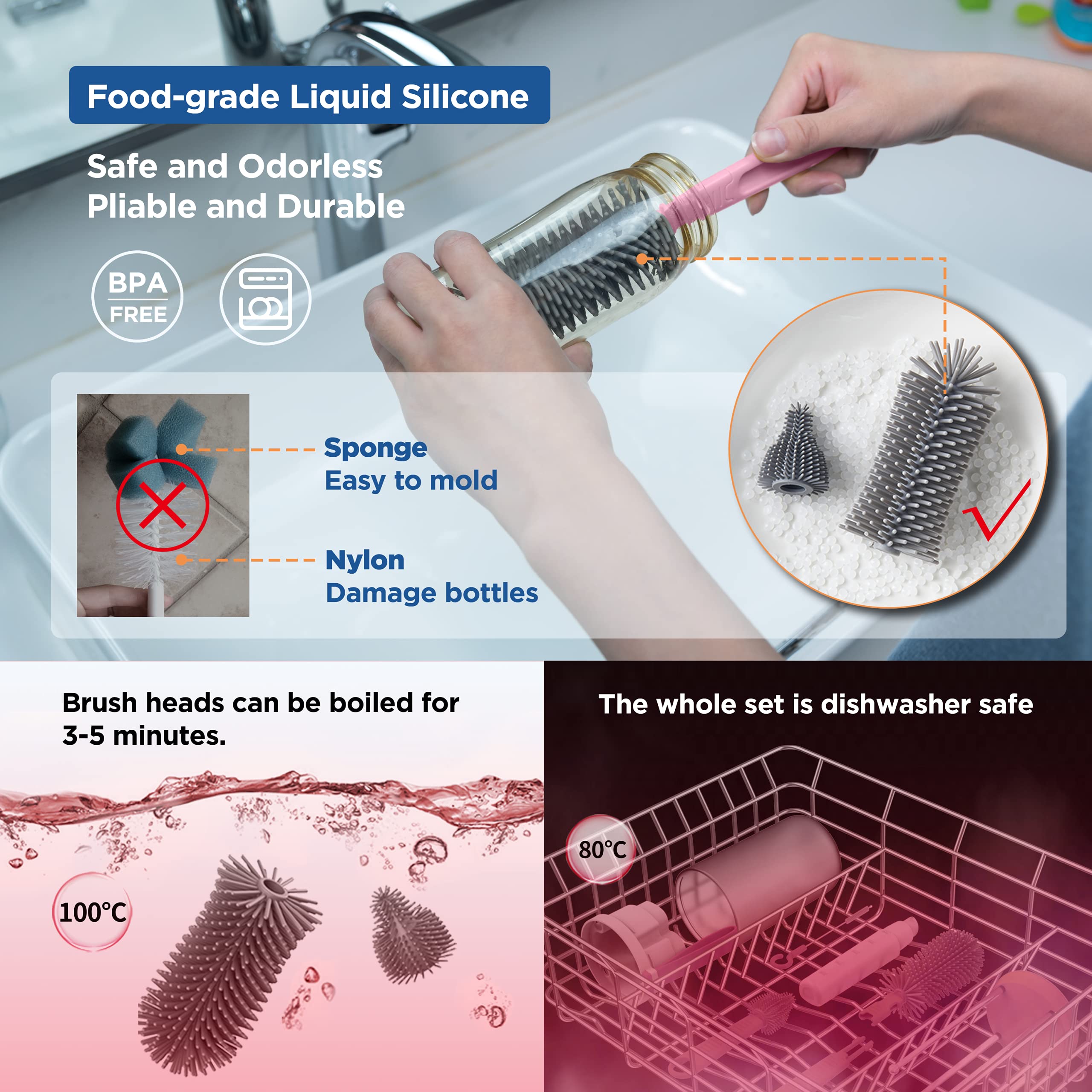 YOTIME Travel Baby Bottle Cleaning Kit - Extendable Silicone Bottle Brush, Nipple Brush, Magnetic Drying Rack, Straw Cleaner & Soap Dispenser - Perfect for On-the-Go Parents, Baby Travel Essentials, Nursery Organization (Pink)