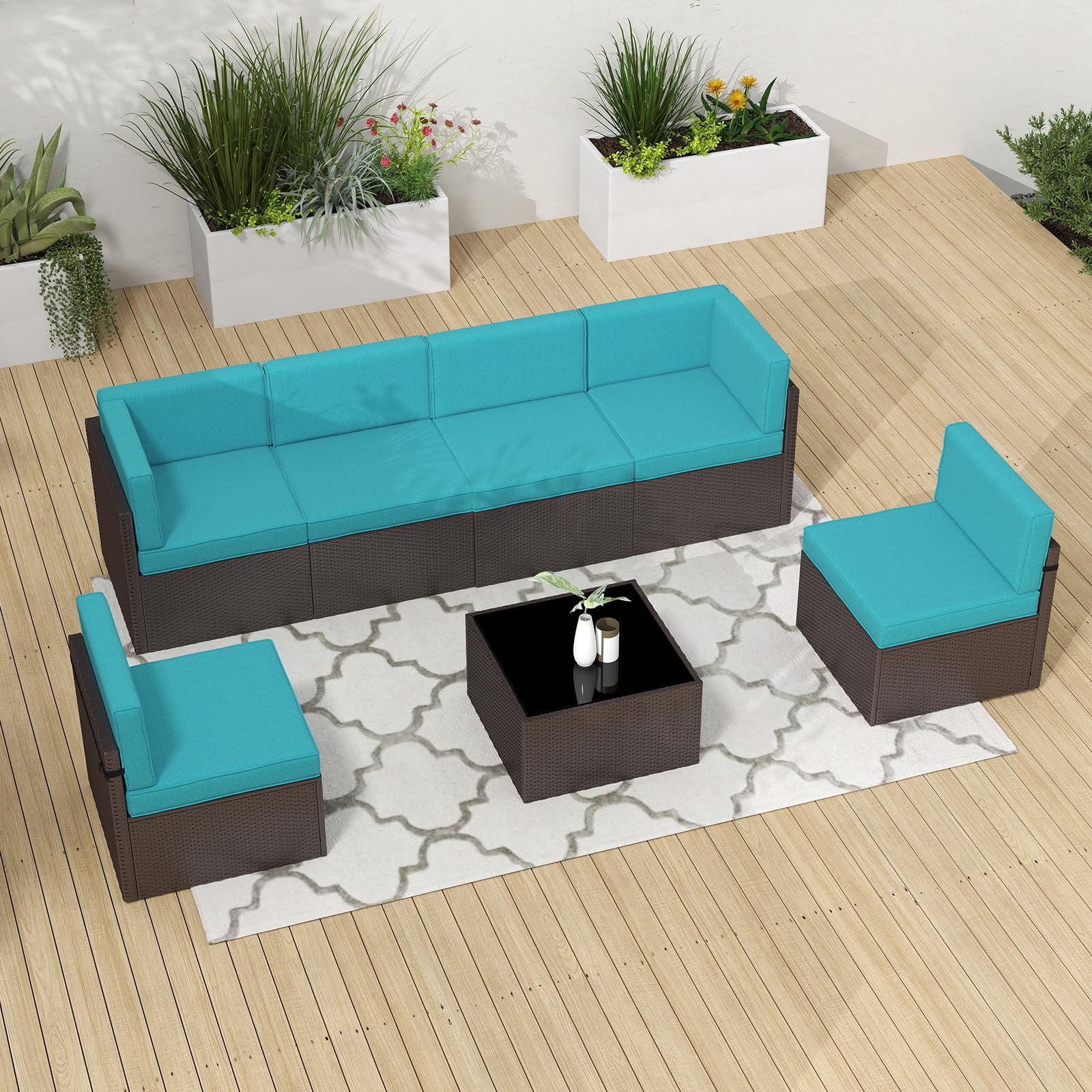 Kinbor 7-Piece Outdoor Furniture Set - Waterproof PE Wicker Patio Sofa with Cushions for Backyard, Poolside & Porch in Turquoise | Perfect for Relaxing, Entertaining & Outdoor Dining