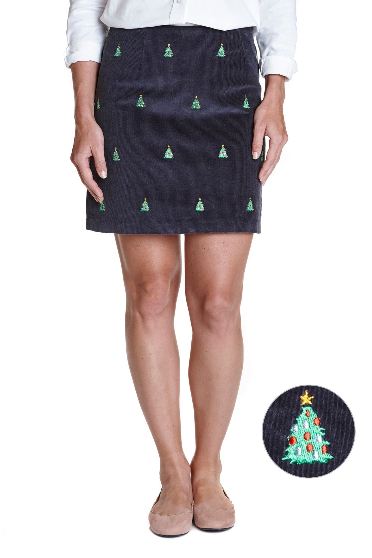 Women's Corduroy Skirt - Nantucket Navy with Christmas Tree Print | Vintage A-Line Mini Skirt for Holiday Parties & Casual Wear