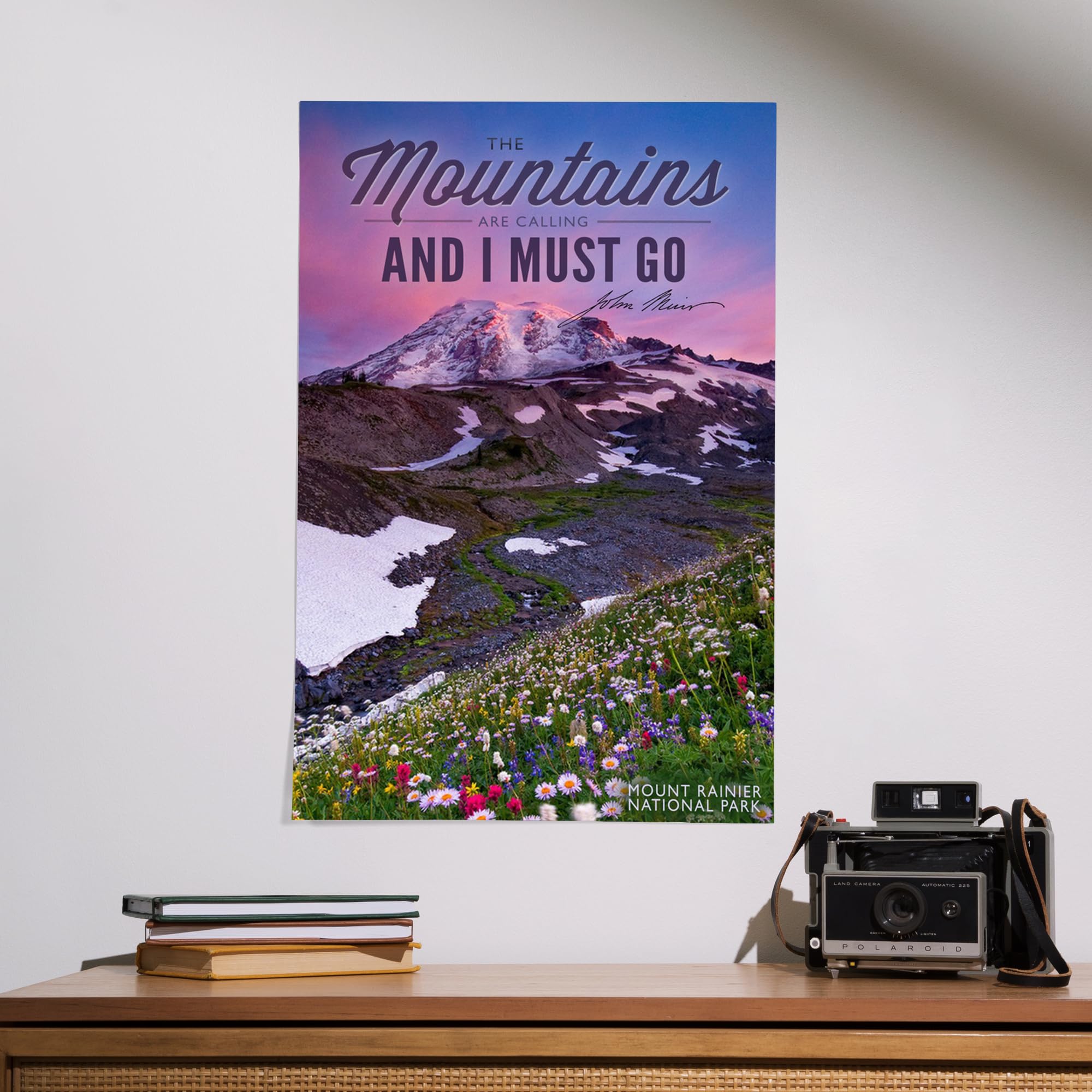 Lantern Press 16x24 Inch Giclee Art Print - Mount Rainier National Park Washington Landscape Wall Decor - 'The Mountains Are Calling' Inspirational Quote - Perfect for Living Room, Bedroom & Office Decor