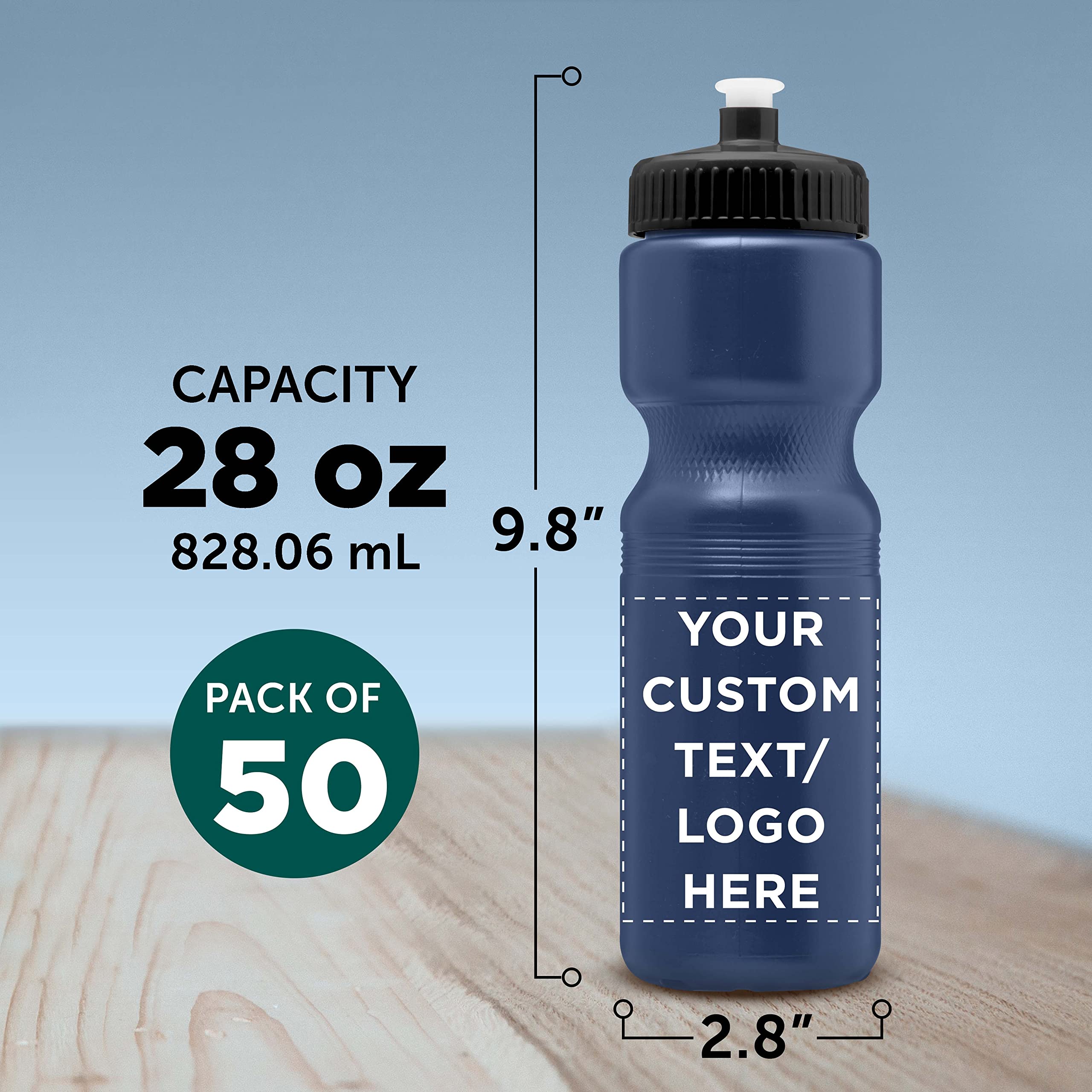 28 oz Custom Push Cap Plastic Water Bottles Bulk Pack of 50 - Personalized Reusable Water Bottles for Gym, Hiking, Camping & Outdoor Sports - Navy Blue Hydration Bottles for Fitness Enthusiasts & Adventure Lovers