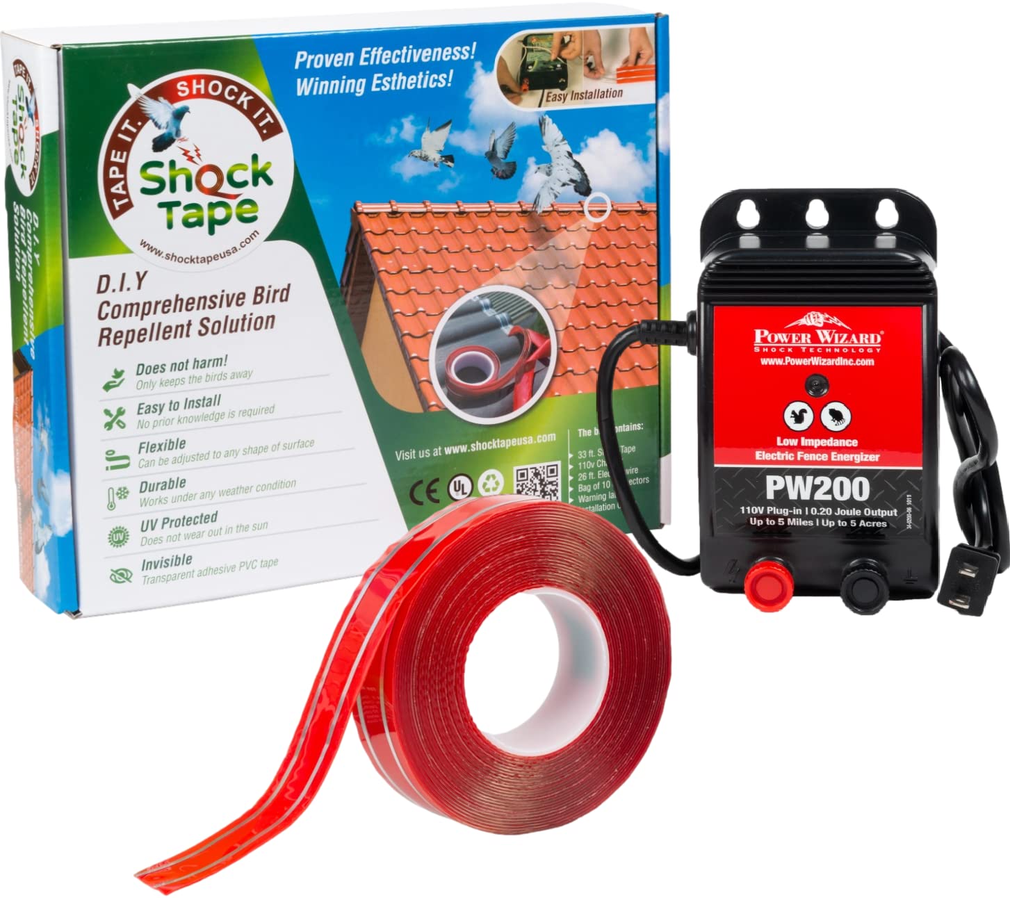 Pigeon & Bird Control Kit - Effective Bird Deterrent for Rooftops, Patios, Windowsills & Fences - Shock Tape & Electronic Charger Set - Humane Alternative to Bird Spikes - Perfect for Home, Garden & Commercial Use