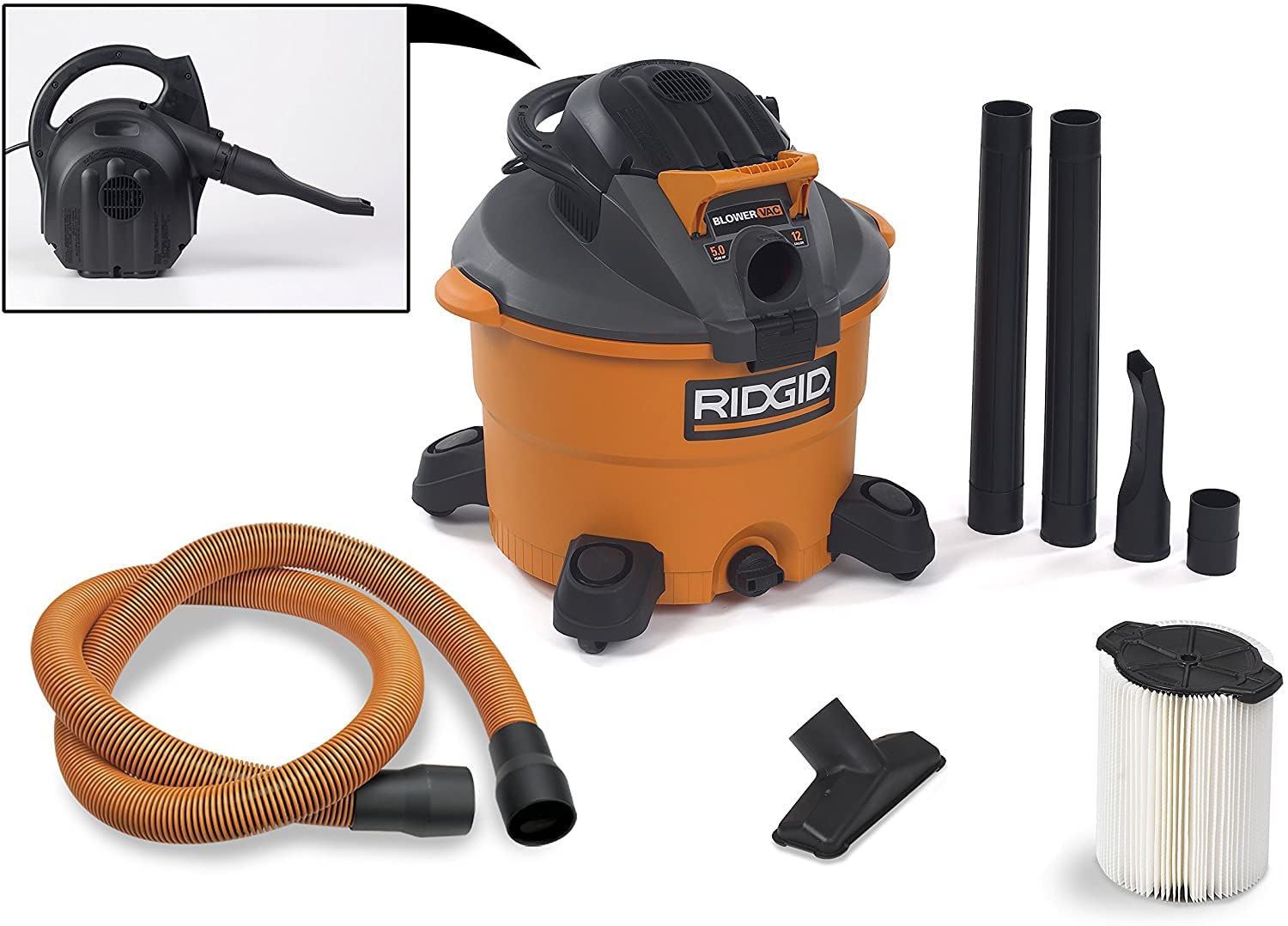 RIDGID VAC1200 12-Gallon Heavy Duty Wet Dry Vacuum Cleaner & Blower - 5.0 HP Detachable Leaf Blower with Pro Hose - Ideal for Garage, Workshop, Construction Sites and Outdoor Cleaning