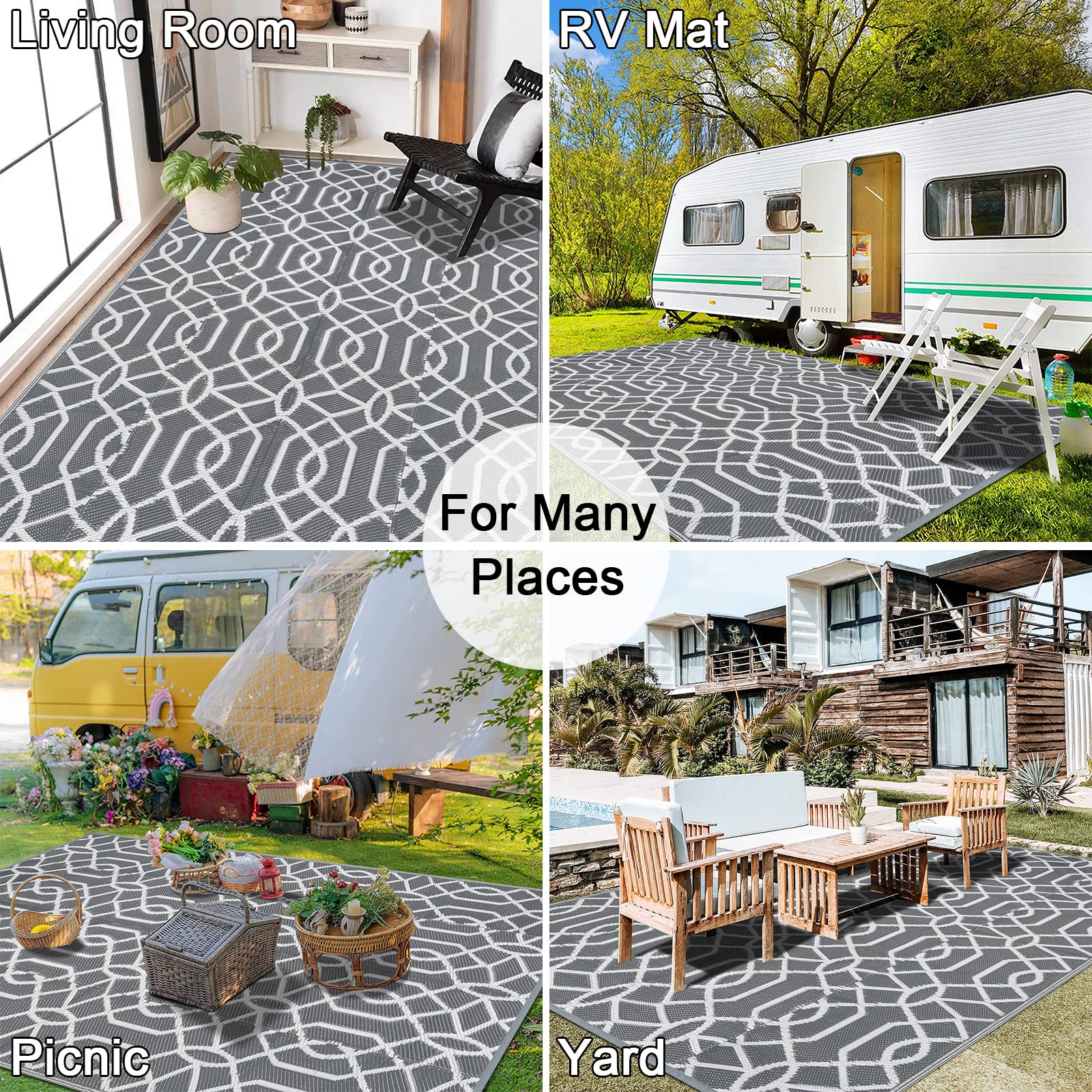 HEBE 5'x8' Waterproof Reversible Outdoor Rug - Geometric Pattern Plastic Patio Mat for Camping, RV, Deck, Balcony, Porch & Tent - Durable All-Weather Floor Covering for Outdoor Living Spaces