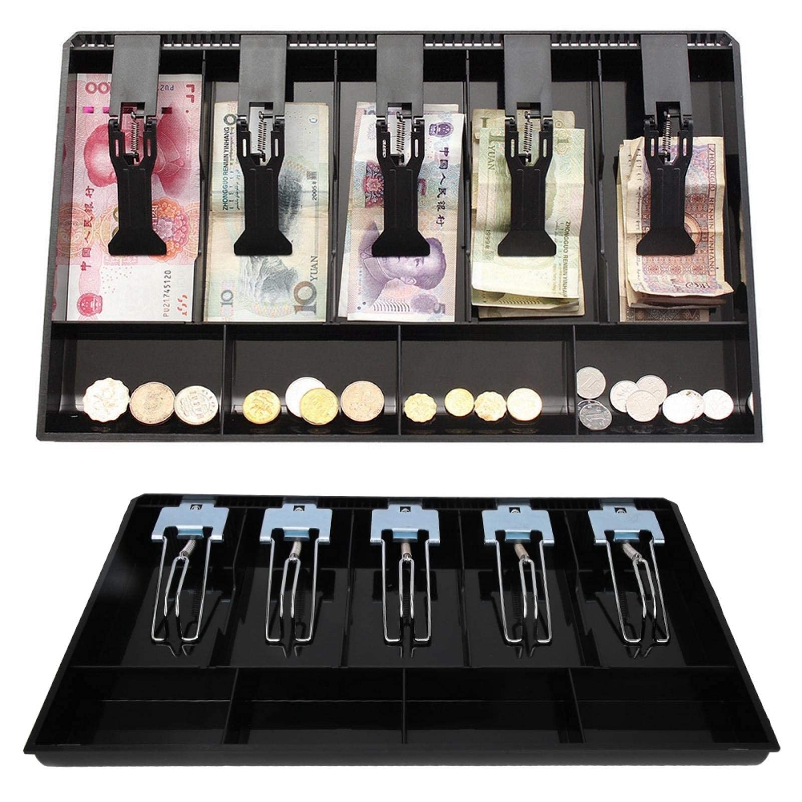 5-Compartment Metal Cash Drawer Register Box with Lock - Black Money Storage for Retail Stores, Restaurants & Small Businesses | Secure Currency Organizer for POS Systems & Cash Handling