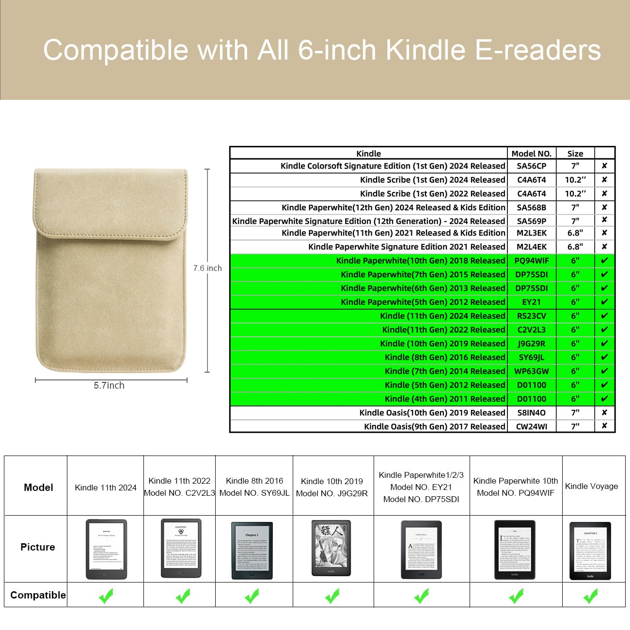 WALNEW 6 Inch Kindle Sleeve Case Cover - Compatible with All-New Kindle 2024, 2022, 2019 (J9G29R), 6