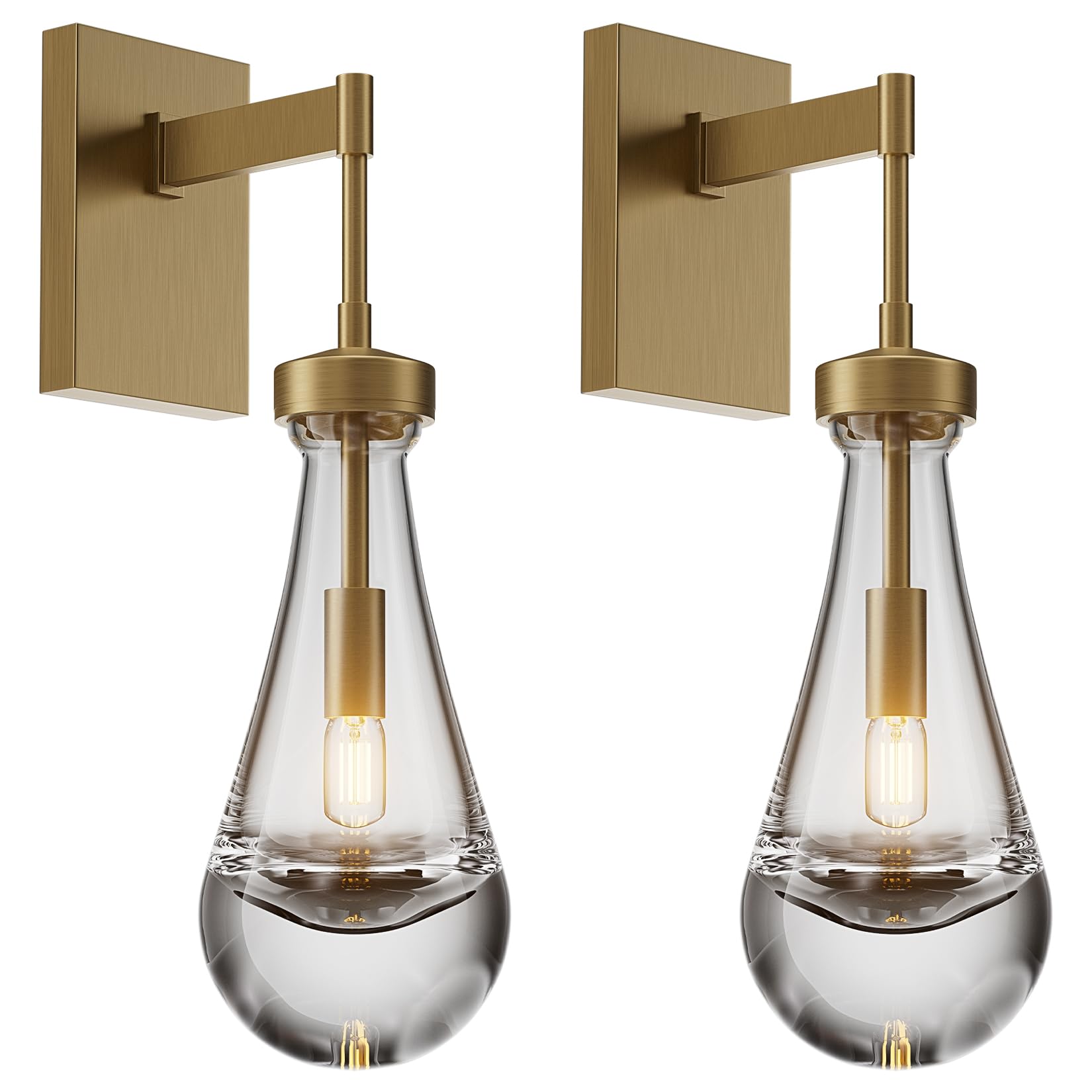 Set of 2 Brass Raindrop Wall Sconces - Hand Blown Solid Glass Wall Lighting Fixtures with Bulbs Included | Indoor Kitchen Decor Lamps for Bedroom, Living Room & Vanity | Perfect for Ambient Lighting & Home Decoration