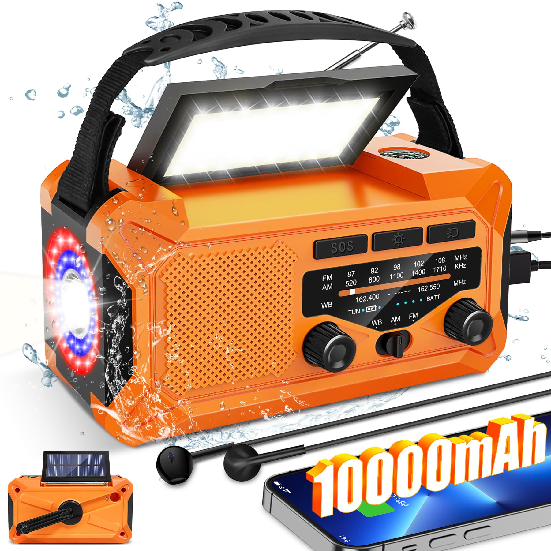 10000mAh Solar Emergency Weather Radio with Hand Crank & Type-C Charging - Portable AM/FM/NOAA Radio, LED Flashlight, Reading Lamp & Compass - Perfect for Outdoor Camping, Hiking, Emergency Preparedness & Phone Charging