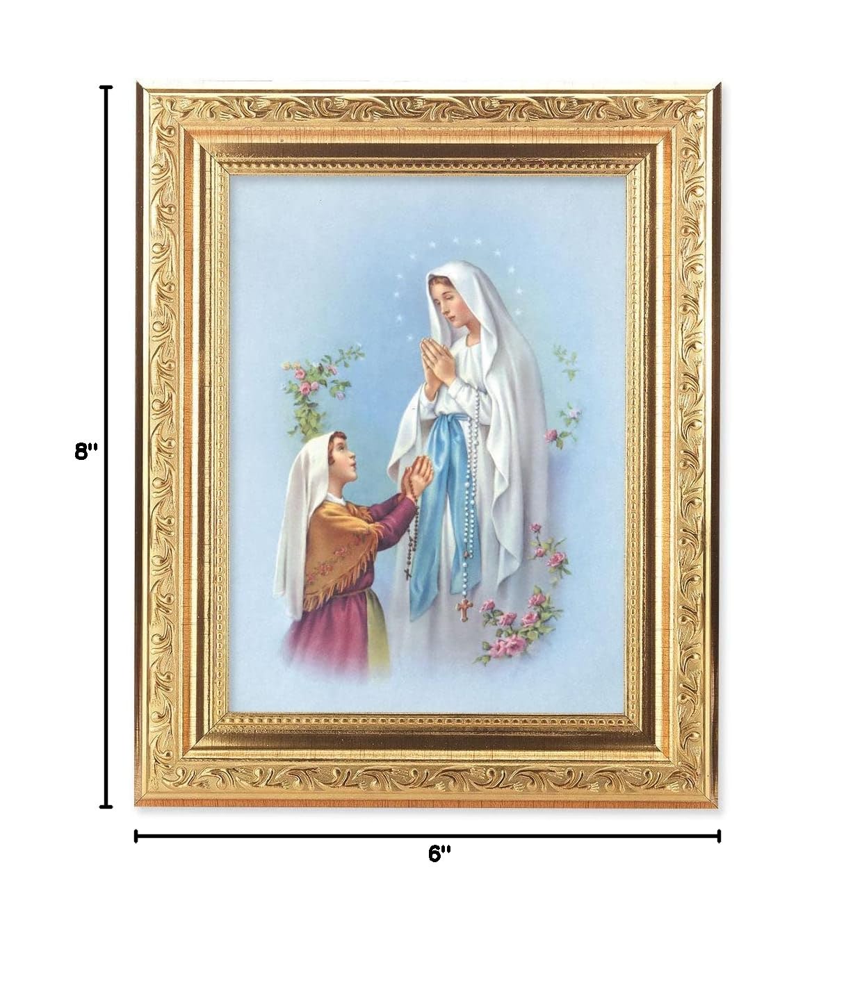Our Lady of Lourdes Framed Wall Art - Gold Leaf Antique Finish with Acanthus Leaf Detail - Perfect for Home Decor, Church Altar & Catholic Gift Giving