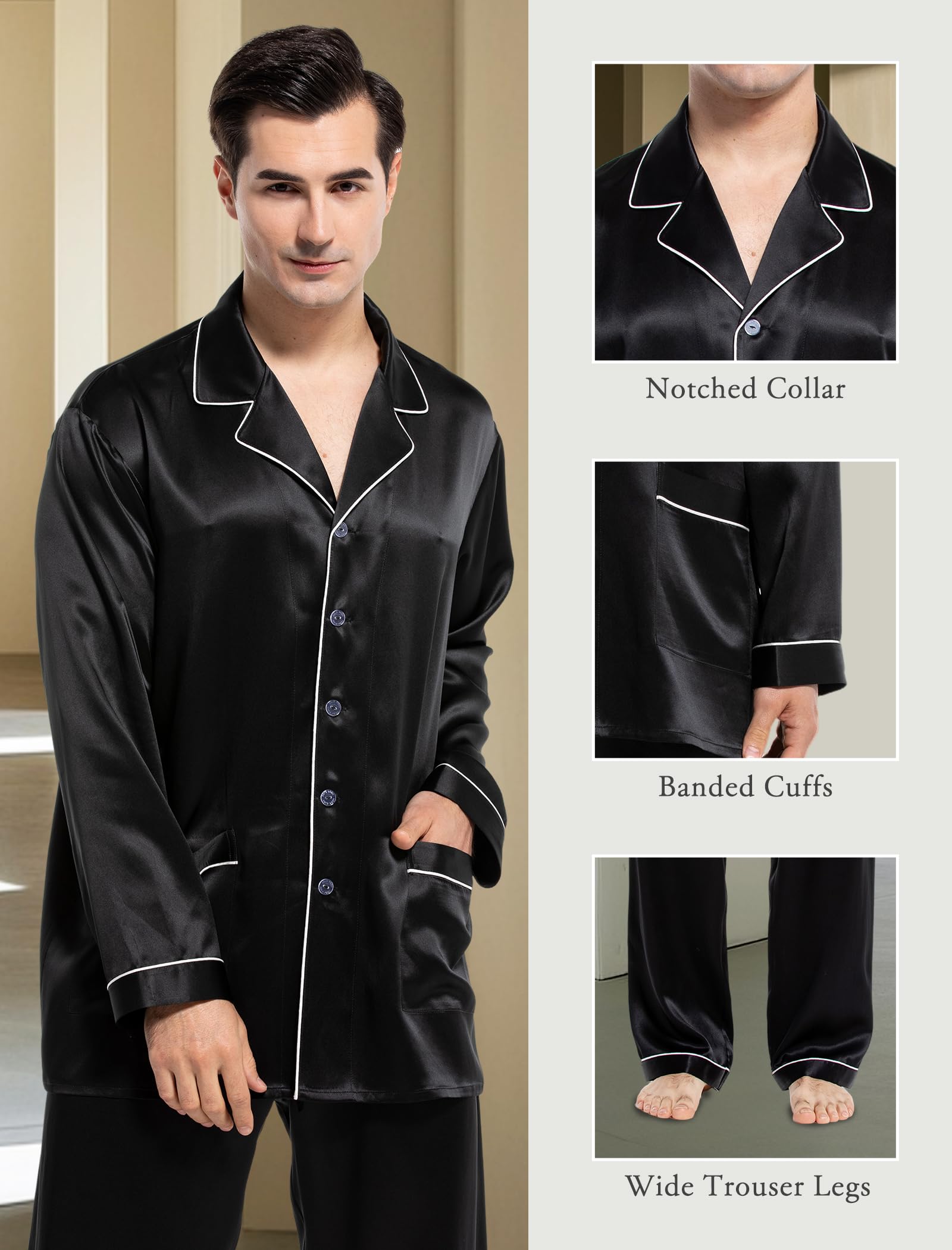 Luxury COLD POSH Men's Silk Pajama Set - 2PC Long Sleeve Button Down Sleepwear for Comfort & Style | Perfect for Lounging, Travel & Special Occasions