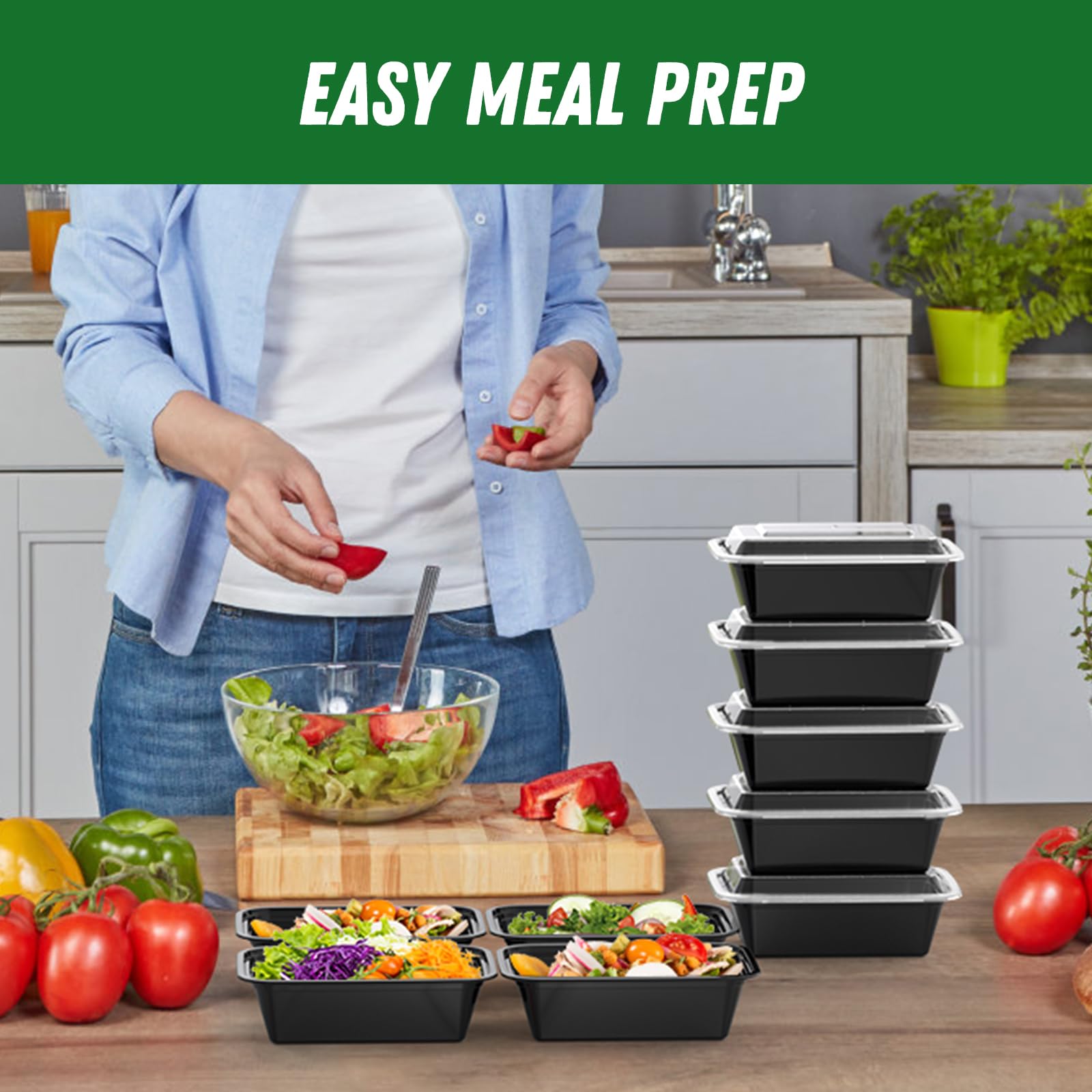 50-Pack (100-Piece) 24 oz Reusable Meal Prep Containers with Lids - Leakproof, Microwave, Freezer & Dishwasher Safe - BPA-Free Plastic Food Storage Containers for Meal Prepping, Leftovers, Takeout & Office Lunch