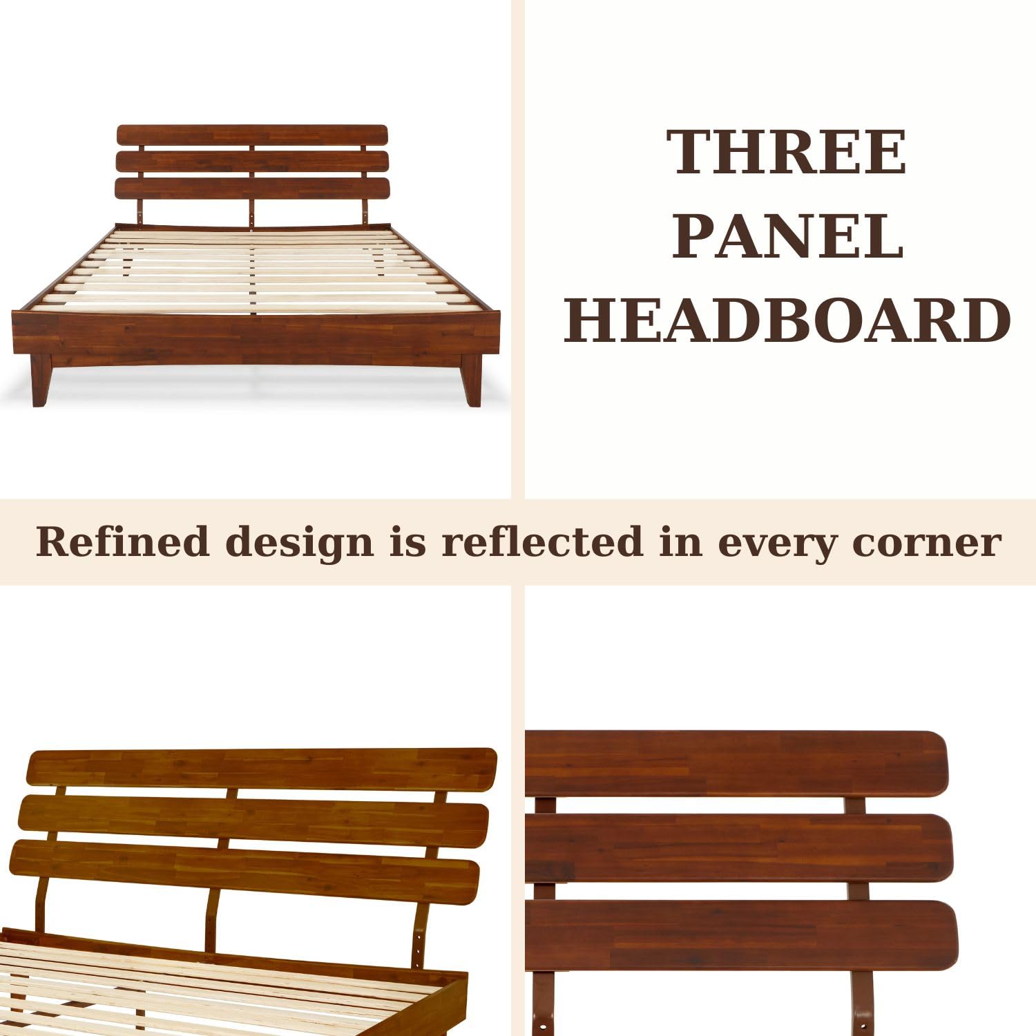Bme Caden 15 Inch Deluxe Bed Frame with Adjustable Headboard - Mid Century Modern King Size Platform Bed - Solid Acacia Wood Construction - No Box Spring Needed - 12 Sturdy Wood Slats Support - Easy Assembly - Dark Chocolate Finish - Perfect for Master Bedroom, Guest Room & Modern Home Decor