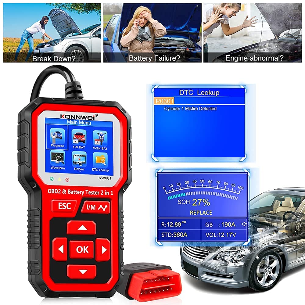KW681 OBD2 Scanner & KW206 OBD2 Gauge - 6V/12V Battery Tester, Car Diagnostic Tool for Engine Fault Codes, Live Data & Performance Monitoring - Perfect for Mechanics, DIY Enthusiasts & Vehicle Maintenance