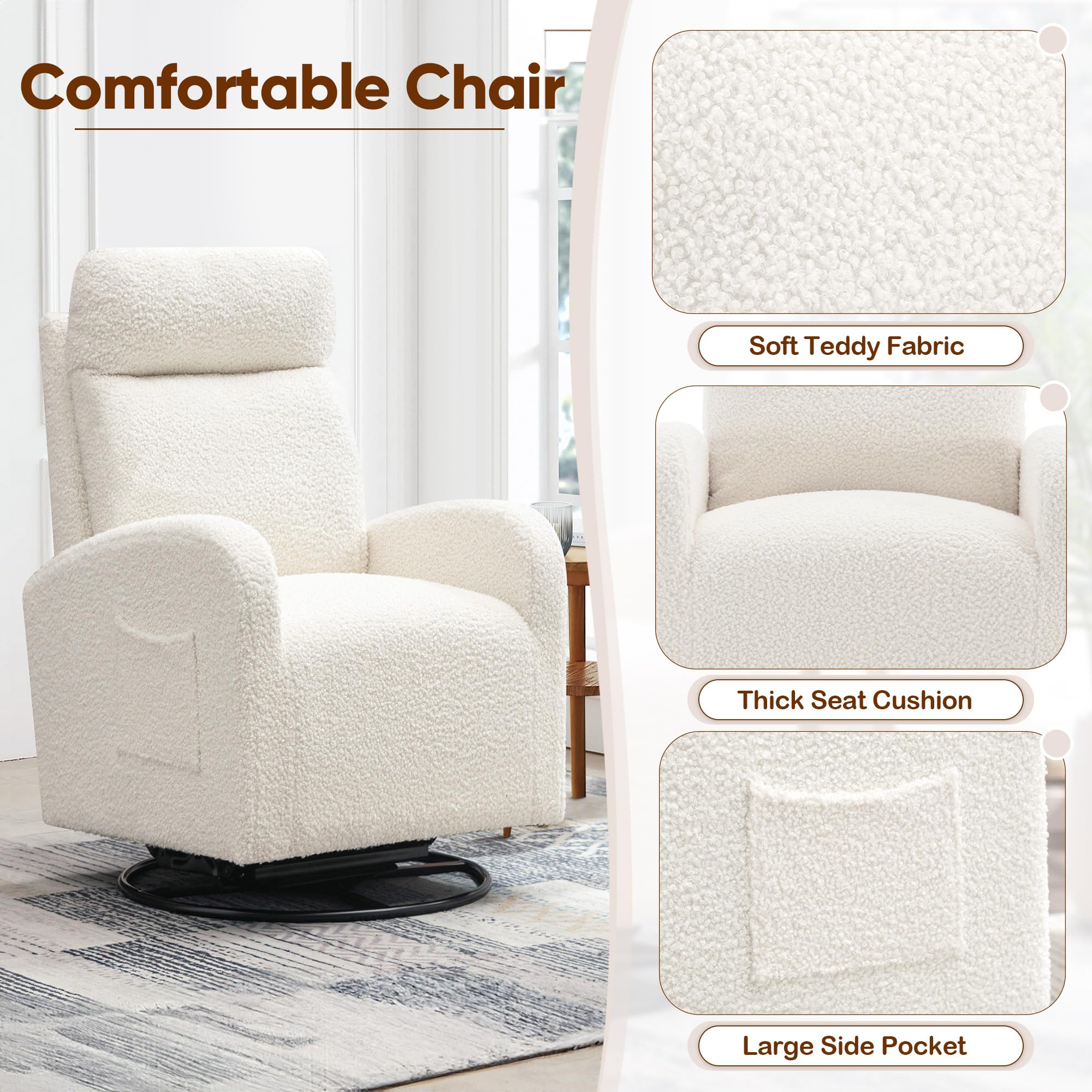 360° Swivel Glider Chair for Nursery & Living Room - Modern Ergonomic Rocking Recliner with High Back & Side Pocket - Cream White Boucle Upholstered Accent Chair for Bedroom, Nursery, Office - Perfect for Nursing, Relaxing & Reading