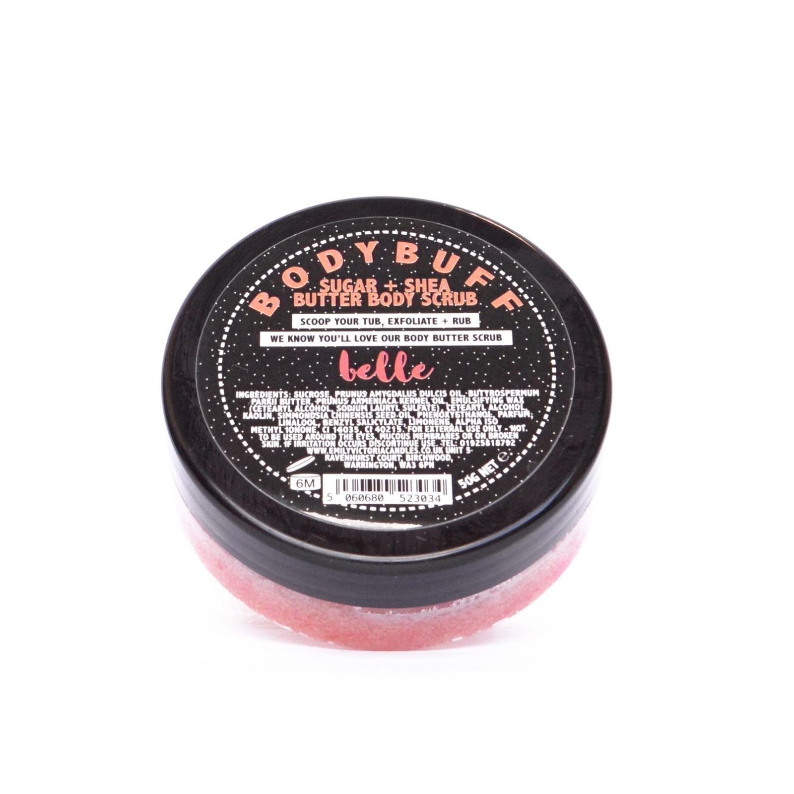 Emily Victoria Travel Size Body Buff Sugar & Shea Butter Body Scrub - Belle Floral Scent 50g | Exfoliating & Moisturizing for Soft Skin | Perfect for Travel, Spa Days & Gift Sets
