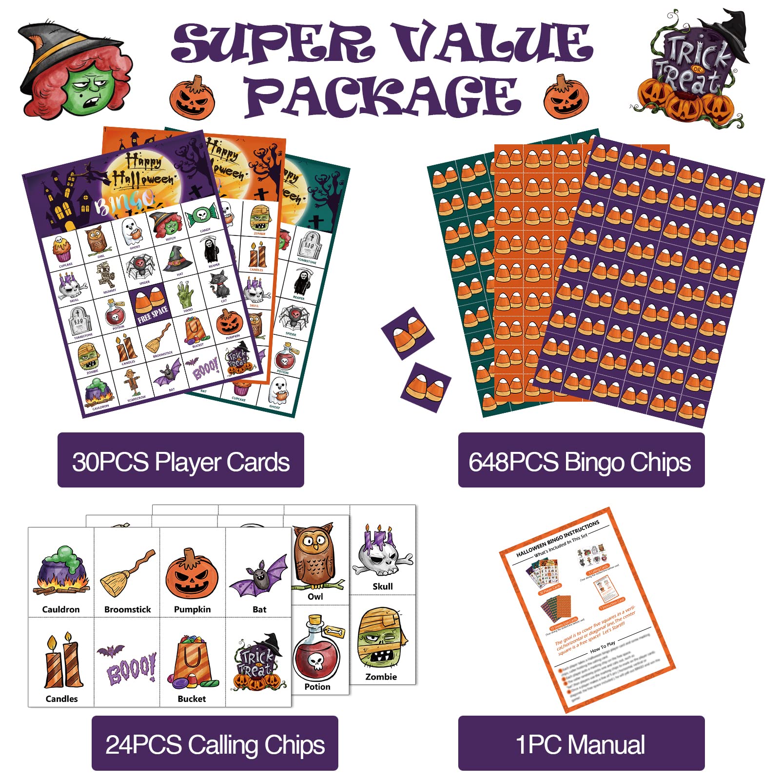 VESPRO 46PCS Halloween Bingo Game Set for 30 Players - Fun Halloween Party Games for Kids, Classroom Activities & Family Gatherings - Perfect for Halloween Parties, School Events and Spooky Game Nights