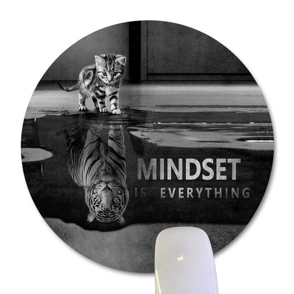 Mindset is Everything Inspirational Round Mouse Pad with Cute Cat & Tiger Reflection - Motivational Office Desk Accessory for Computer Work, Gaming & Home Office Decor