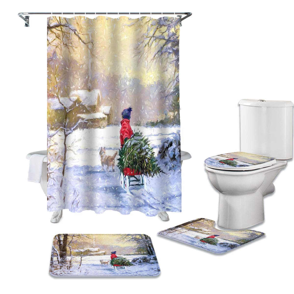 4-Piece Christmas Winter Snow Shower Curtain Set with Non-Slip Bath Rugs - Waterproof Santa Claus & Pine Tree Decor Bath Mat, Toilet Cover & Door Mat for Holiday Bathroom Decor