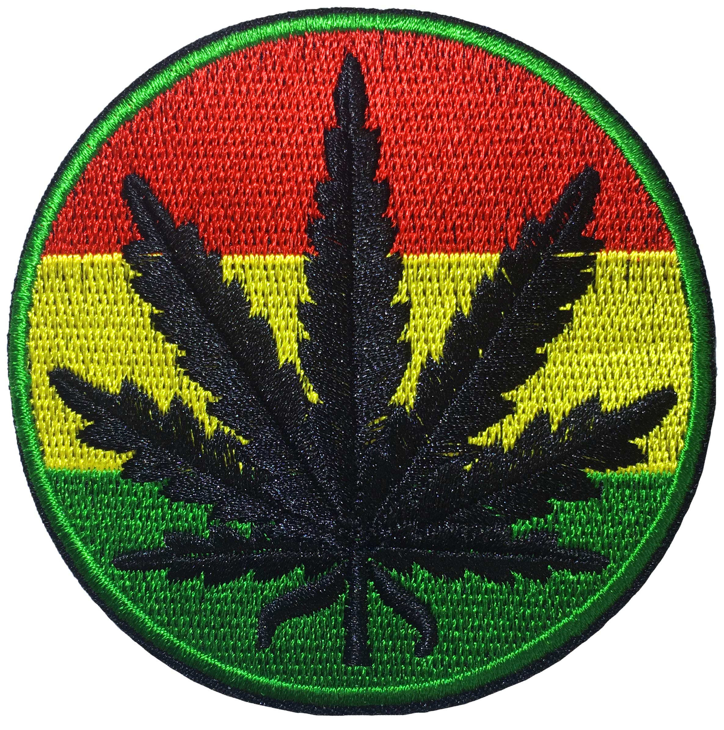 Black Marijuana Leaf Weed Colorful Circle Embroidered Iron-On Patch - Sew on Applique Badge for Vest, Jacket & T-Shirt - Perfect for DIY Clothing, Costumes & Accessories
