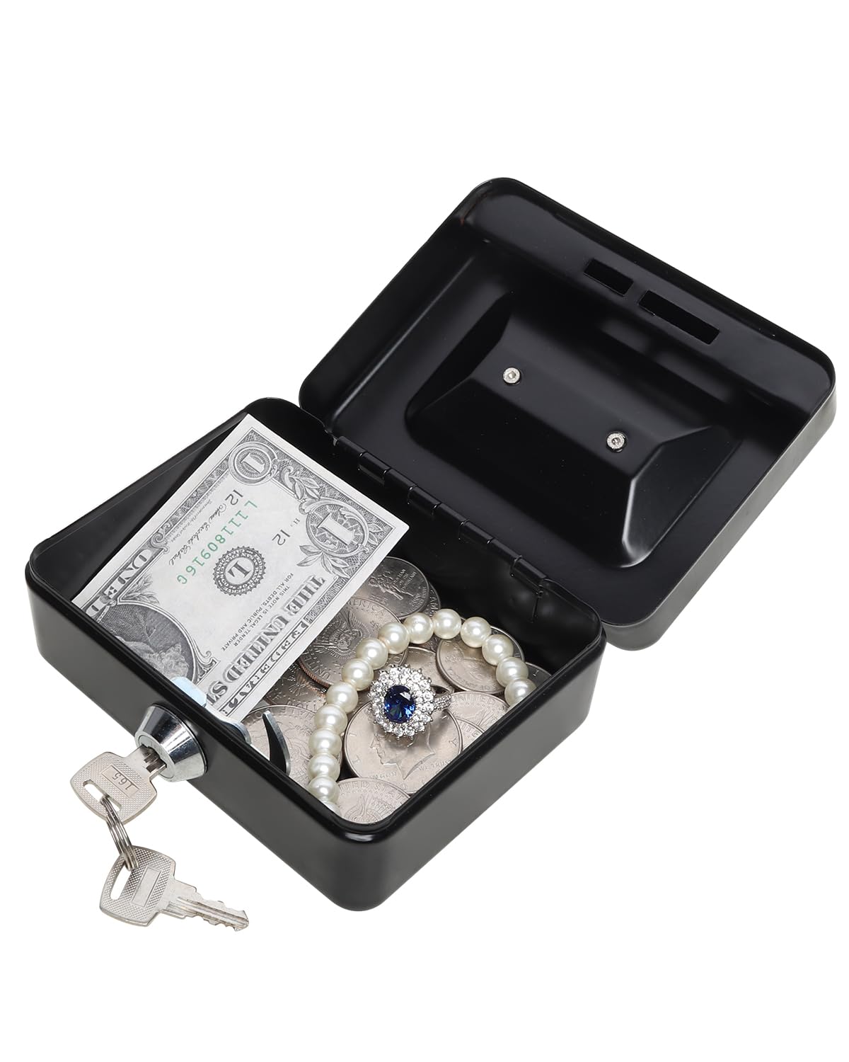 Lovndi Small Metal Cash Box with Money Tray & Lock - Secure Lockbox for Money, Coins, Valuables - Perfect for Home, Office, Retail Stores & Small Business Cash Management