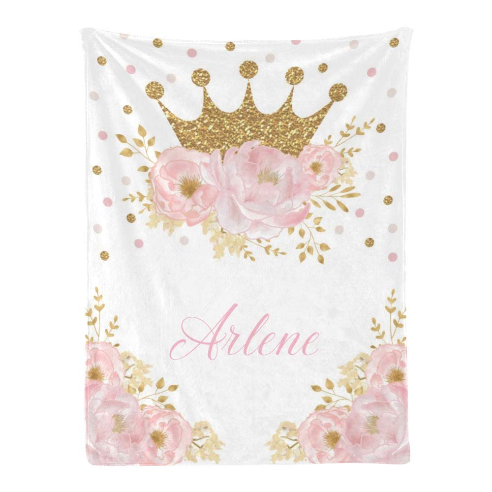 Personalized Pink Floral Princess Gold Crown Baby Blanket with Name - Custom Swaddle Blanket Gift for Newborn Girls & Boys - 30x40 Inches - Perfect for Nursery, Christening & Baby Showers