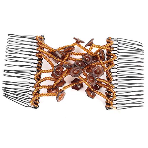 Magic Hair Comb Clip with Flower Beads - Stretchable Double Hair Clips for Women | DIY Hair Styling Tool for Ponytails, Braids & Updos (Coffee Color)