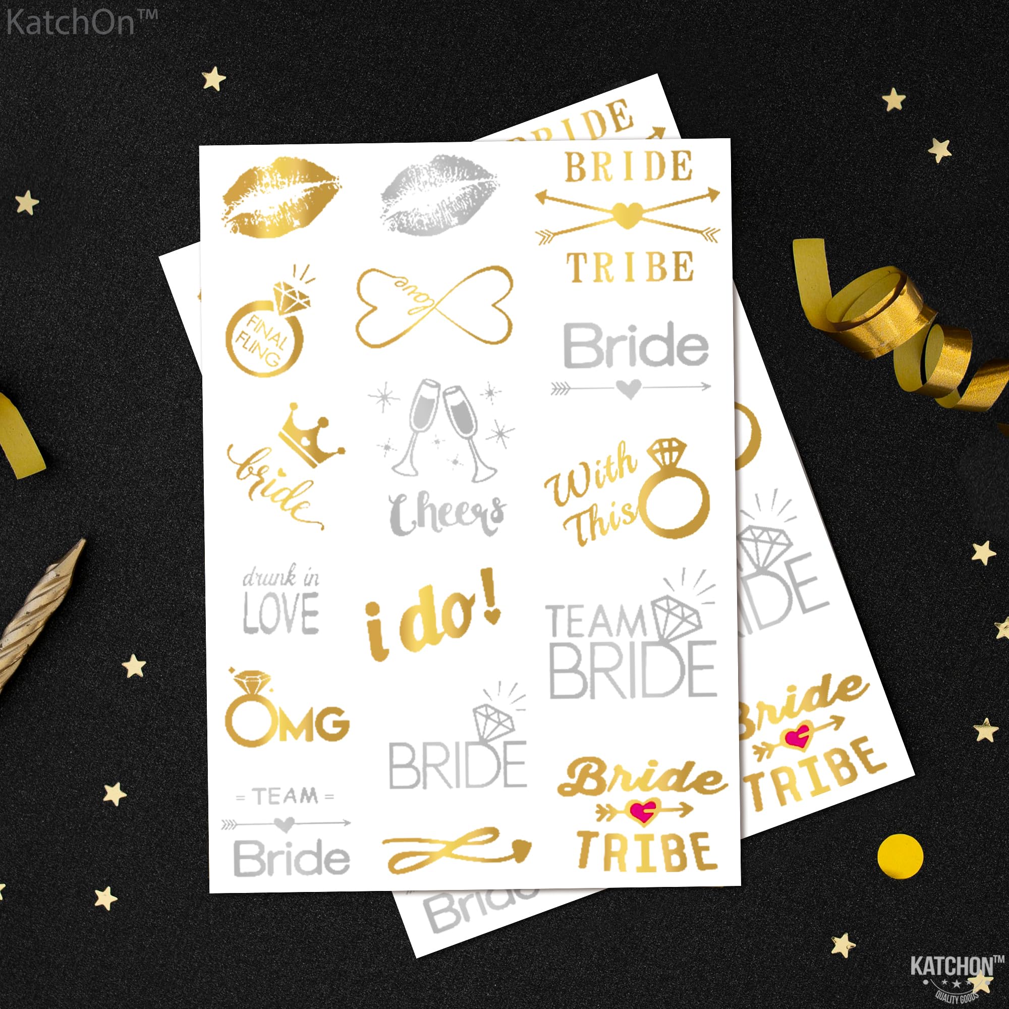 KatchOn Metallic Bride Tribe Temporary Tattoos - 34 Pack Gold & Silver Bachelorette Party Tattoos for Bridal Shower Decorations | Wedding Party Favors, Girls Night Out, Hen Party Accessories