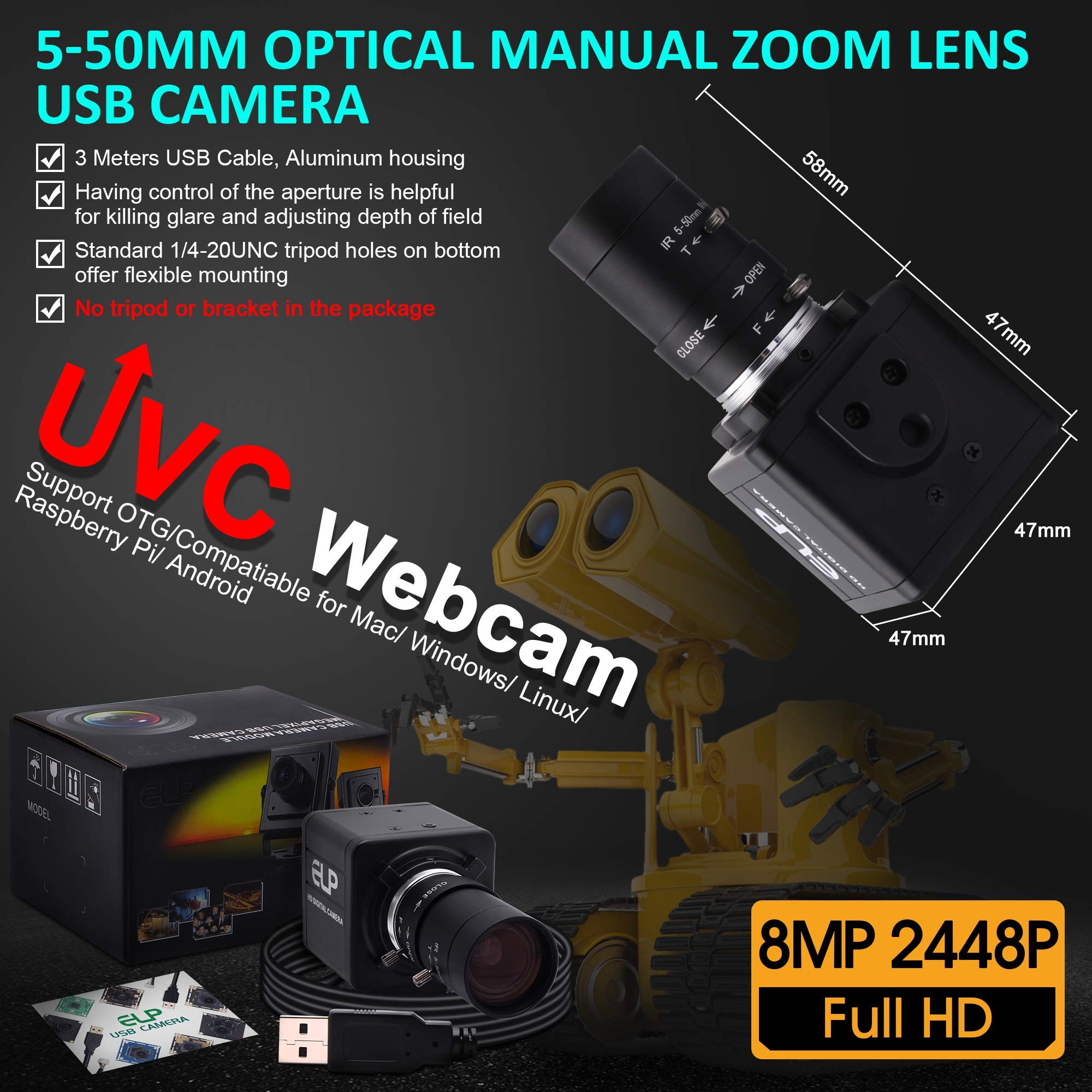 ELP 8MP USB Webcam with 10X Optical Zoom, 5-50mm Varifocal Lens & IMX179 CMOS Sensor - Plug & Play for Windows/Linux/Raspberry Pi - Perfect for Video Conferencing, Online Classes, Live Streaming & Close-up Photography