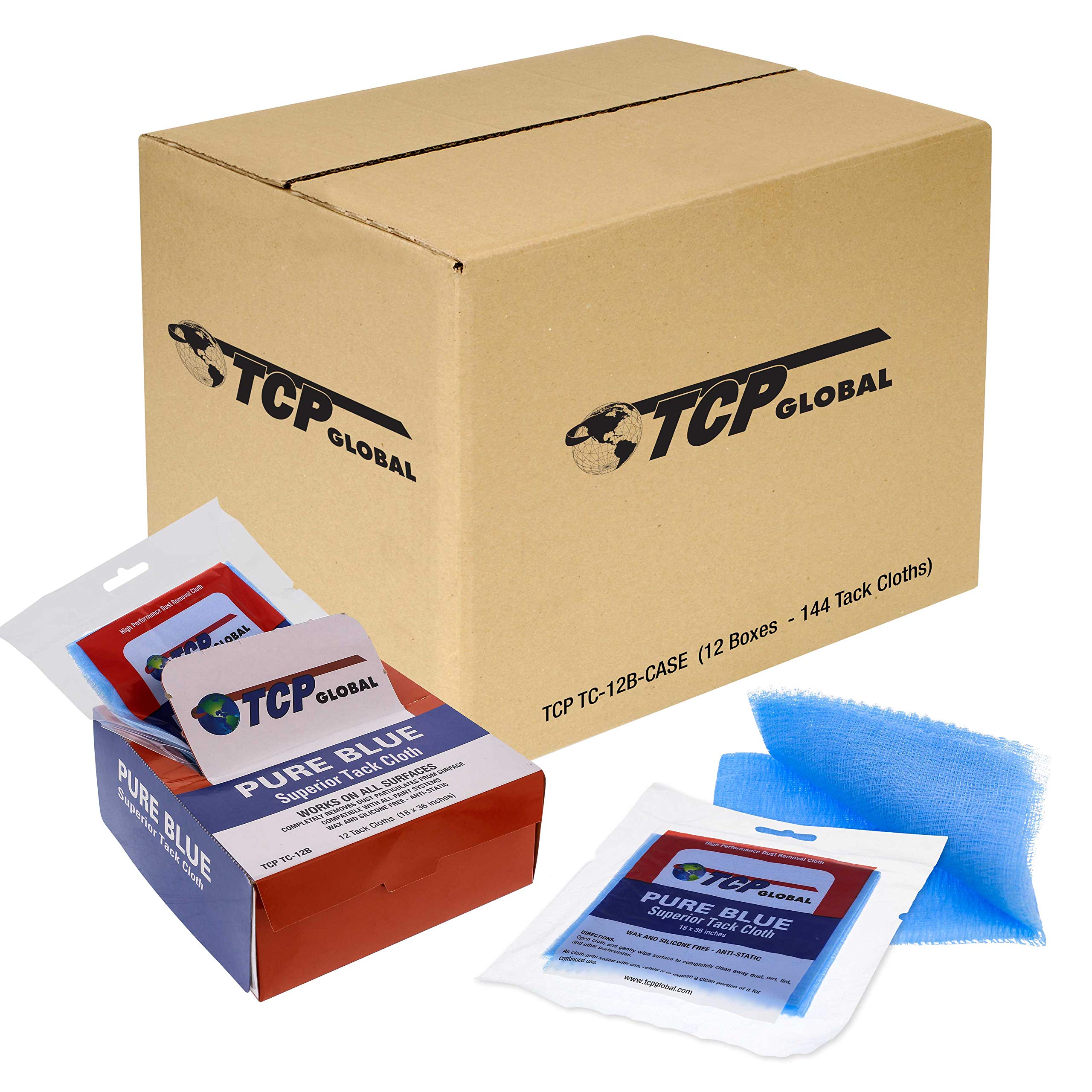 TCP Global Pure Blue Superior Tack Cloth - 144-Pack for Automotive & Woodworking | Dust, Stain & Paint Removal | High-Tack Cleaning Rags for Auto Body & DIY Projects | Perfect for Car Detailing, Furniture Refinishing & Workshop Cleaning