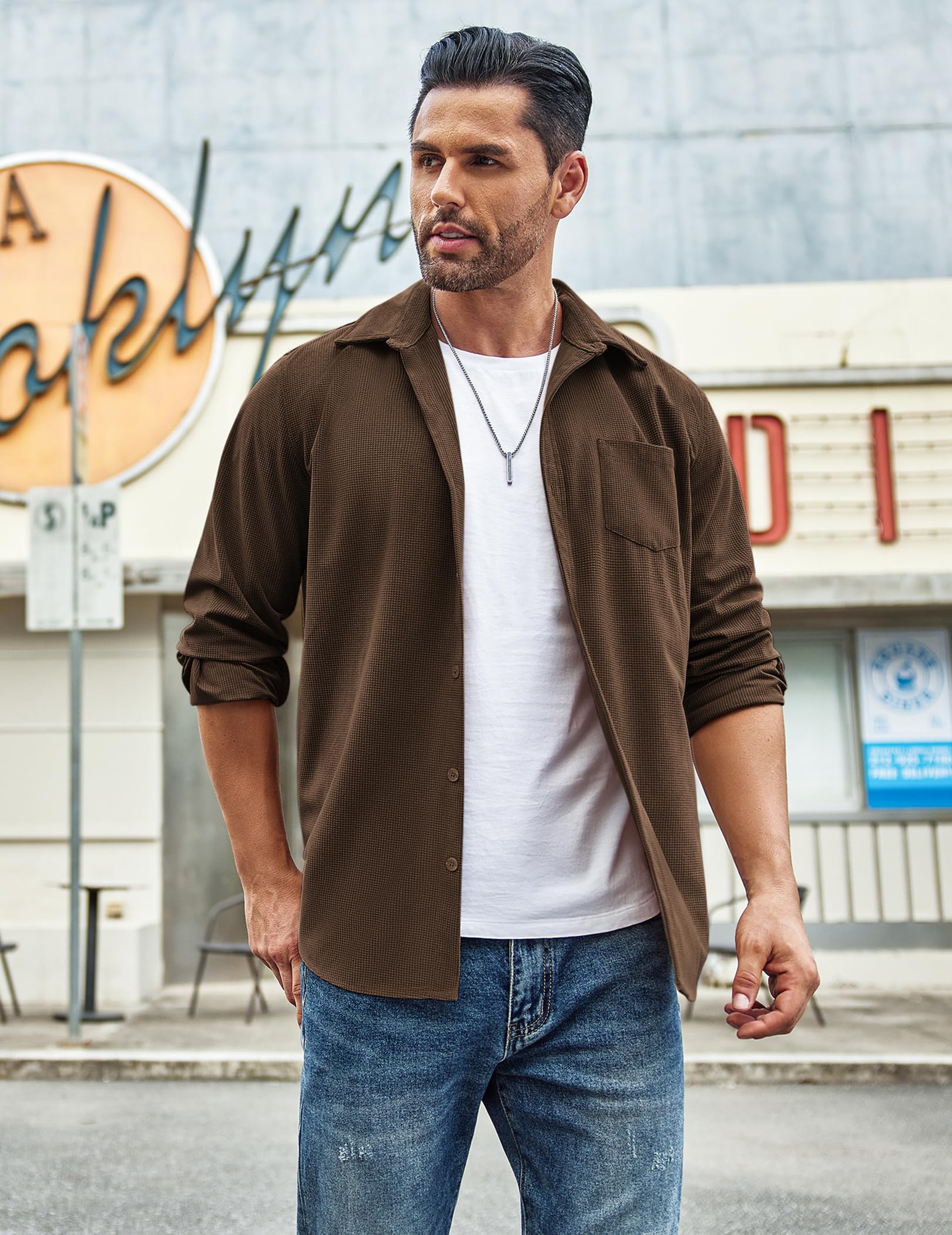 COOFANDY Men's Waffle Knit Button Down Shirt Jacket - Casual Long Sleeve Shacket with Chest Pockets | Perfect for Fall Layering, Outdoor Adventures & Smart Casual Outfits