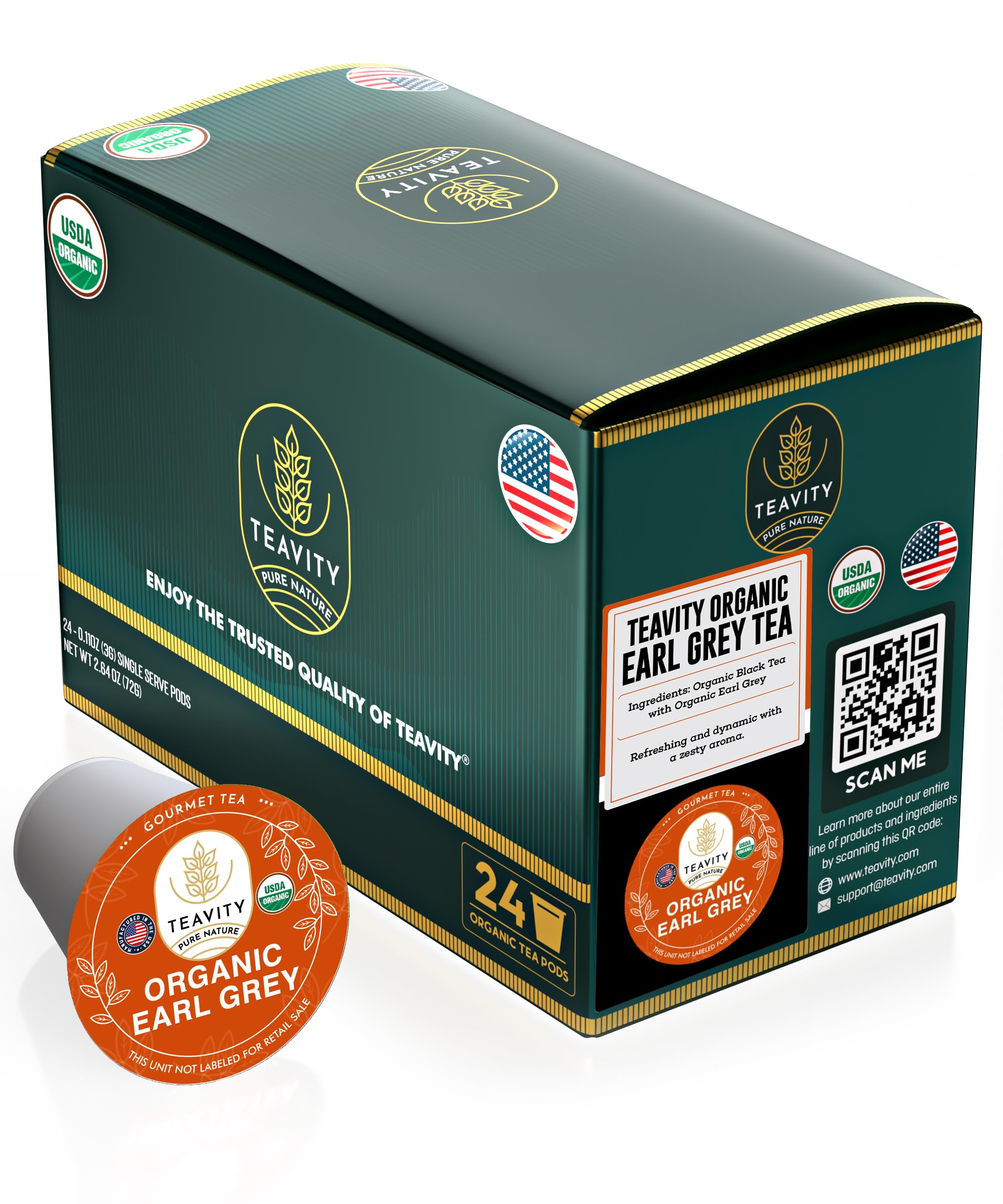 Organic Earl Grey Tea Pods for Keurig K-Cup Brewers - Caffeinated Unsweetened Black Tea by Teavity (24 Count) - Perfect for Morning Energy & Afternoon Relaxation at Home or Office