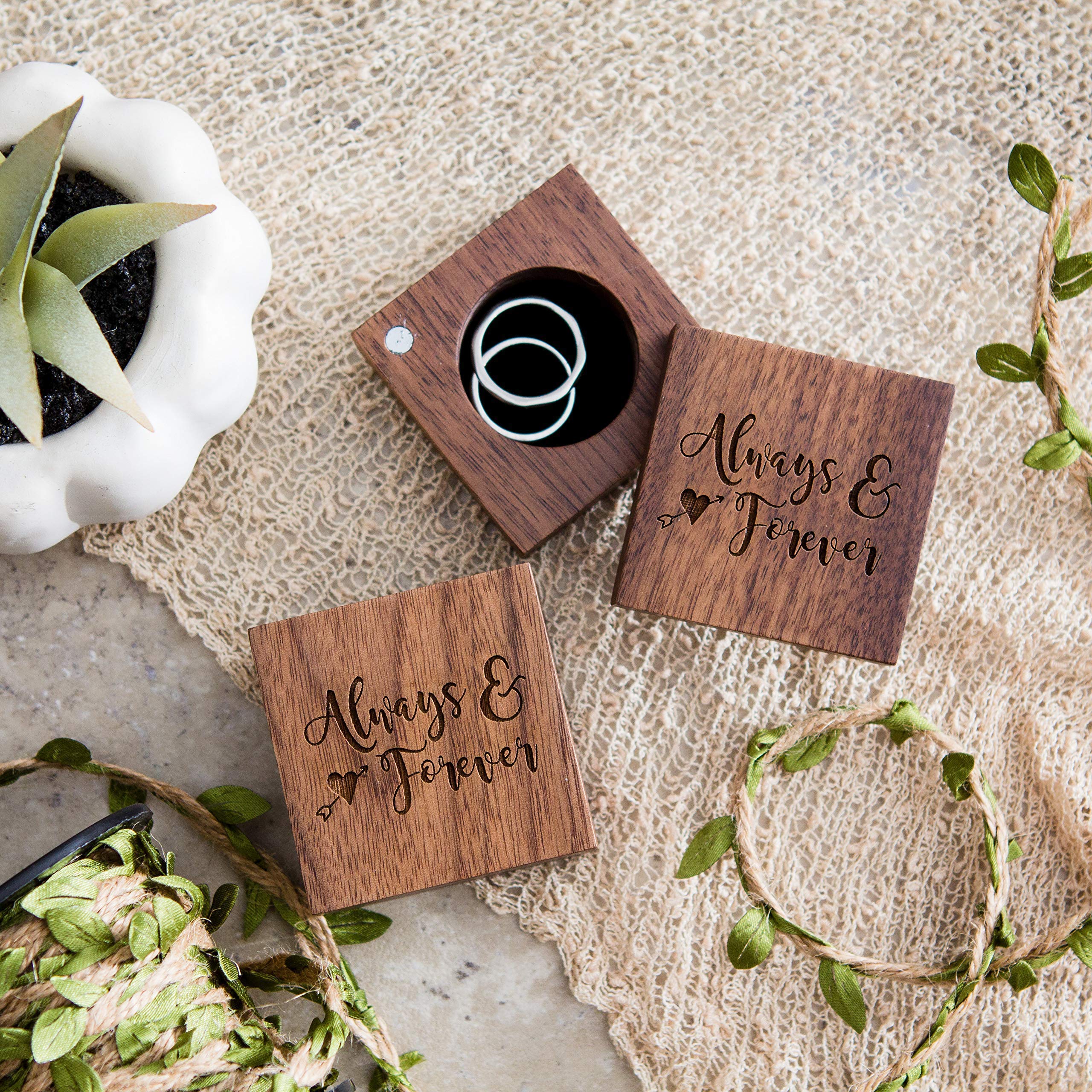 **MUUJEE Always and Forever Engraved Wooden Ring Box - Wedding Ceremony Ring Bearer Box, Anniversary & Birthday Gift for Couples - Perfect for Proposals, Vows & Special Occasions**
