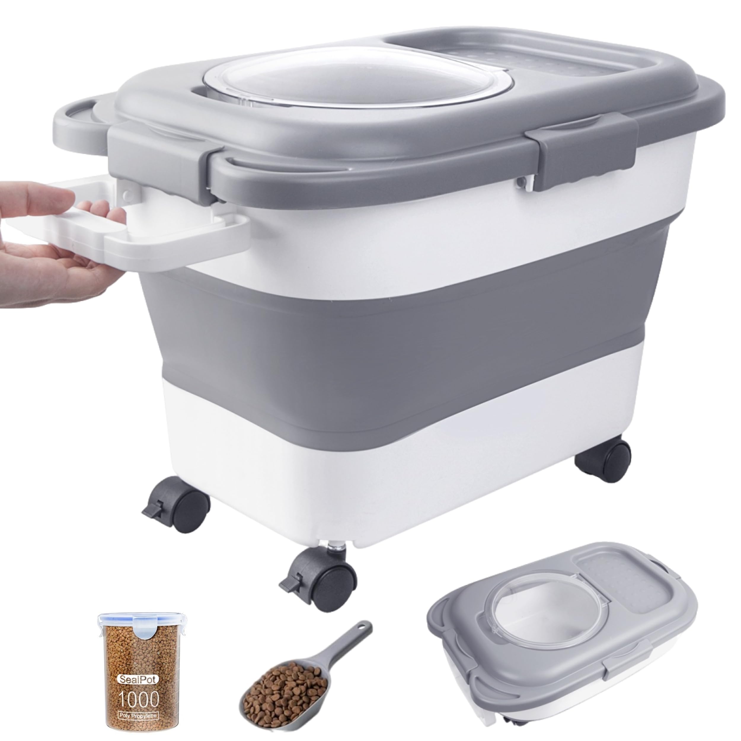 15-23 Lbs Collapsible Dog Food Storage Container with Airtight Lid, Wheels & Handle - Large Pet Food Bin for Dogs & Cats - Includes Scoop & Bowl - Perfect for Home, Travel & Outdoor Use