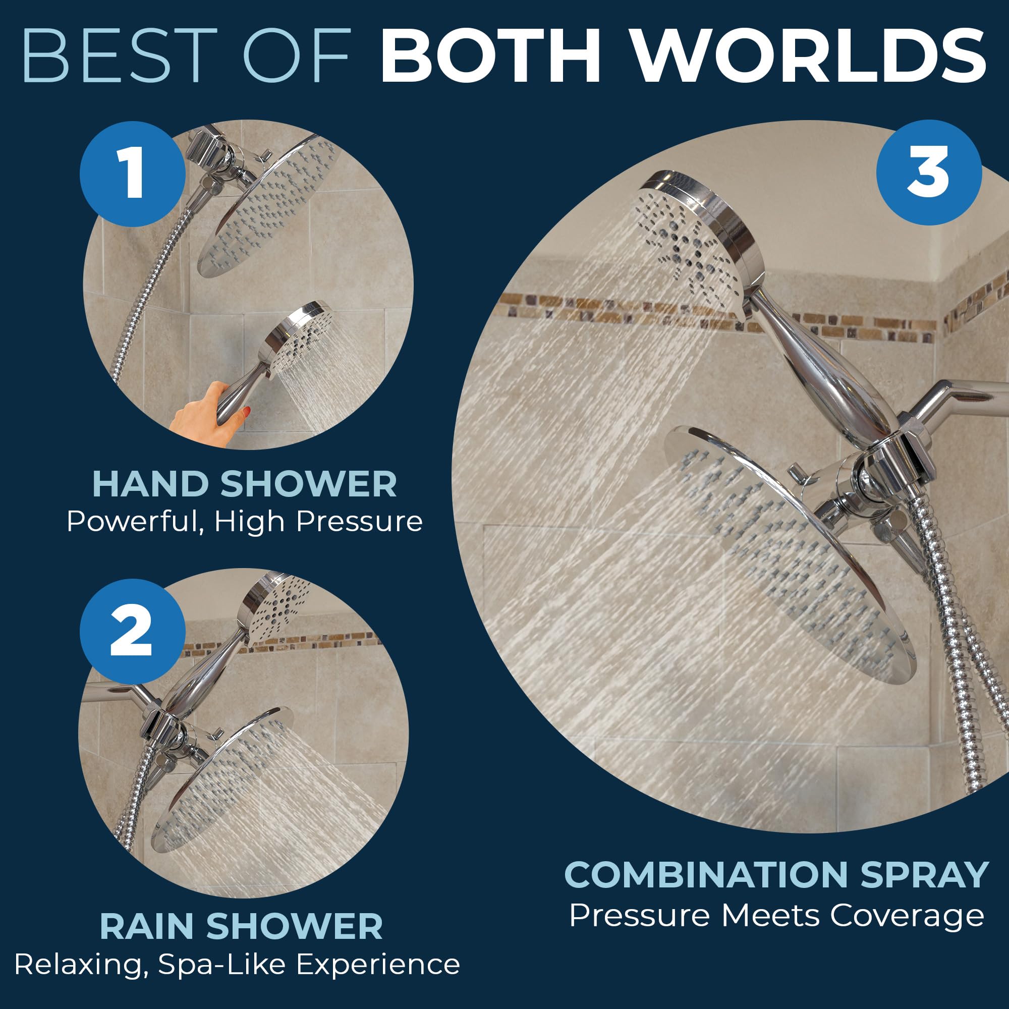 HammerHead Showers® ALL METAL Dual Shower Head Combo - 8 Inch Rainfall High Flow Shower Head & 3-Setting Handheld Shower with 6ft Hose - Chrome Finish - High Pressure for Luxurious Spa Experience - Perfect for Master Bathroom and Guest Bathroom Renovation