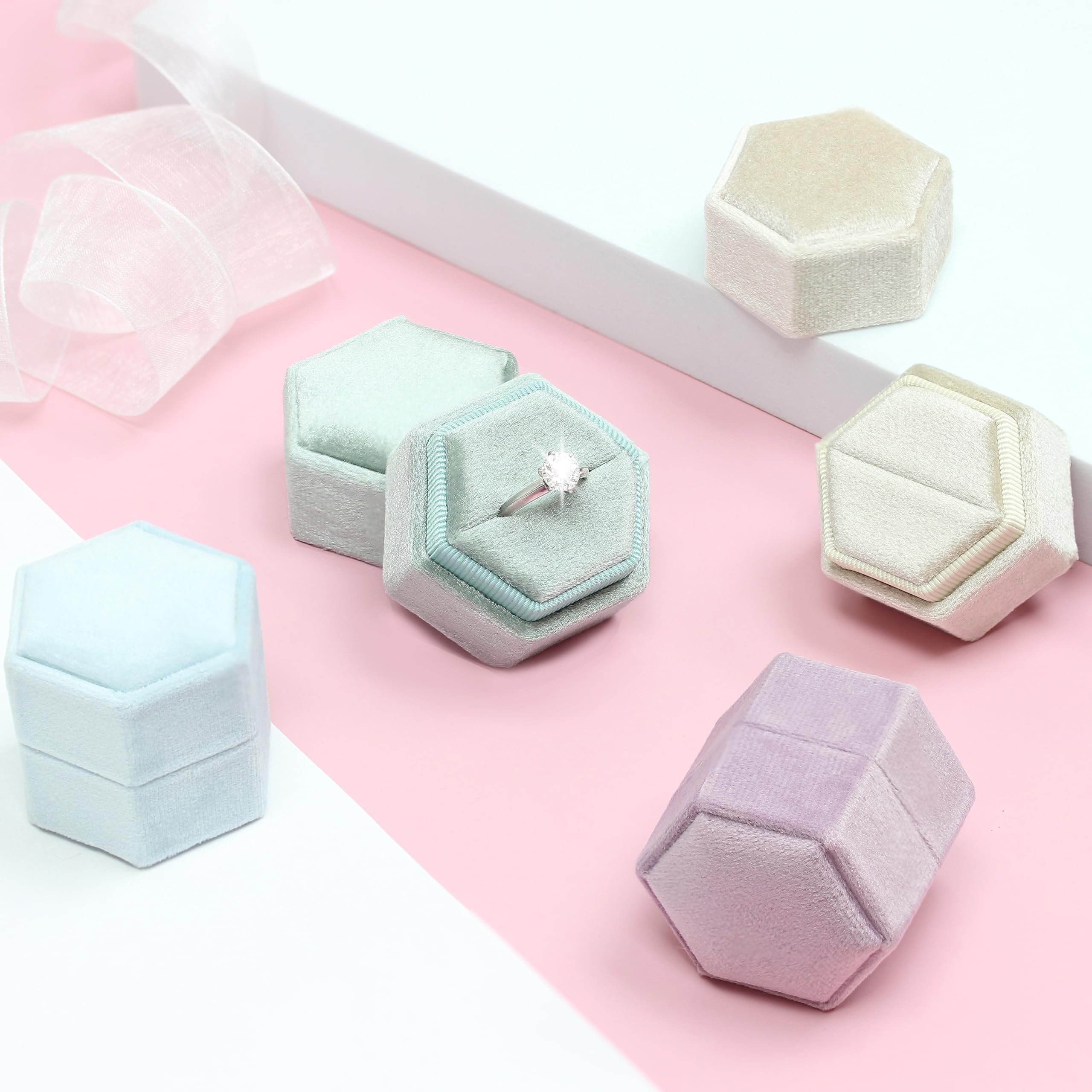 Hexagon Velvet Jewelry Box - Single Slot Ring Box for Engagement, Wedding & Bridal Keepsake - Sky Blue - Perfect for Proposals, Anniversaries & Photo Shoots