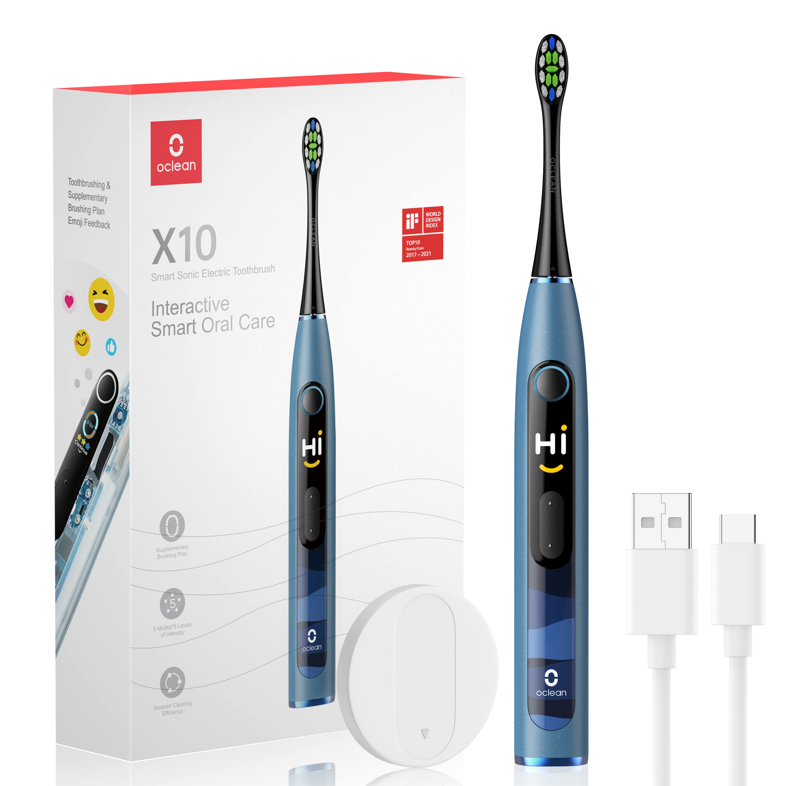 Oclean X10 Smart Sonic Electric Toothbrush - Rechargeable with Color Screen, 5 Brushing Modes & 5 Intensity Levels, 40000 RPM Maglev Motor, Visual Feedback & Smart Timer - Ideal for Travel, Home & Office Use (Blue)