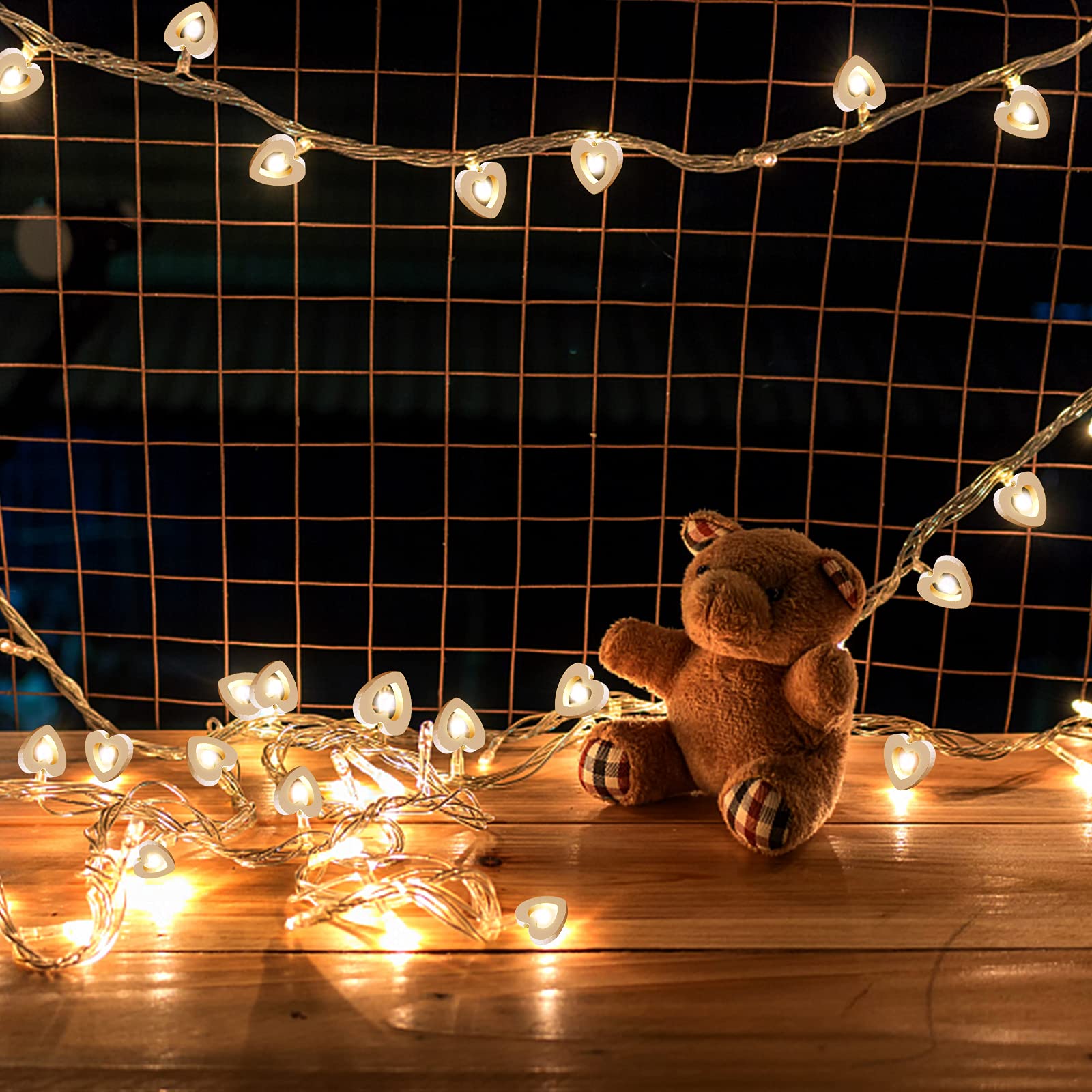 INOOMP 1pc Wooden Peach Heart LED String Lights - Romantic Decorative Fairy Lights for Bedroom, Wedding, Party & Home Decor - Battery Operated Warm White Atmosphere Lighting