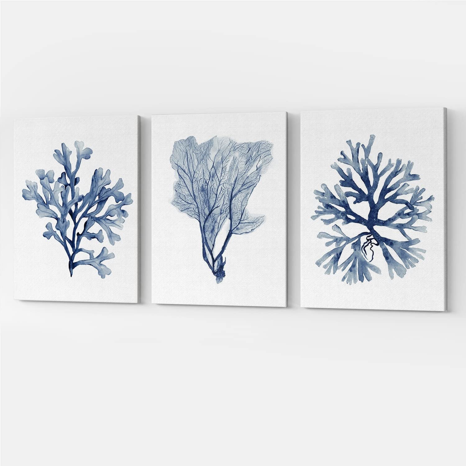 Navy Blue Canvas Modern Abstract Ocean Wall Art Set - 3 Piece Blue and White Coastal Coral Painting for Bedroom, Living Room, Bathroom Decor (16x24 Inches) | Perfect for Beach House, Office & Nursery Wall Decoration