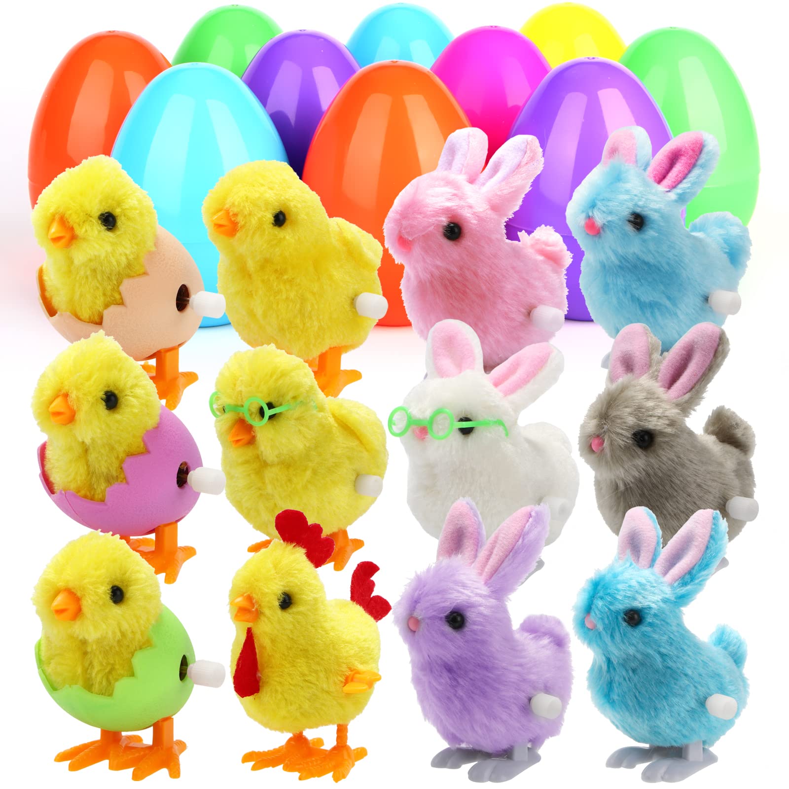 12 Pack Prefilled Easter Eggs with Wind-Up Toys - Plastic Easter Eggs Filled with Chicks & Bunnies Toys for Easter Basket Stuffers, Party Favors & Egg Hunt - Perfect for Easter Celebrations, Kids' Parties & Spring Festivities