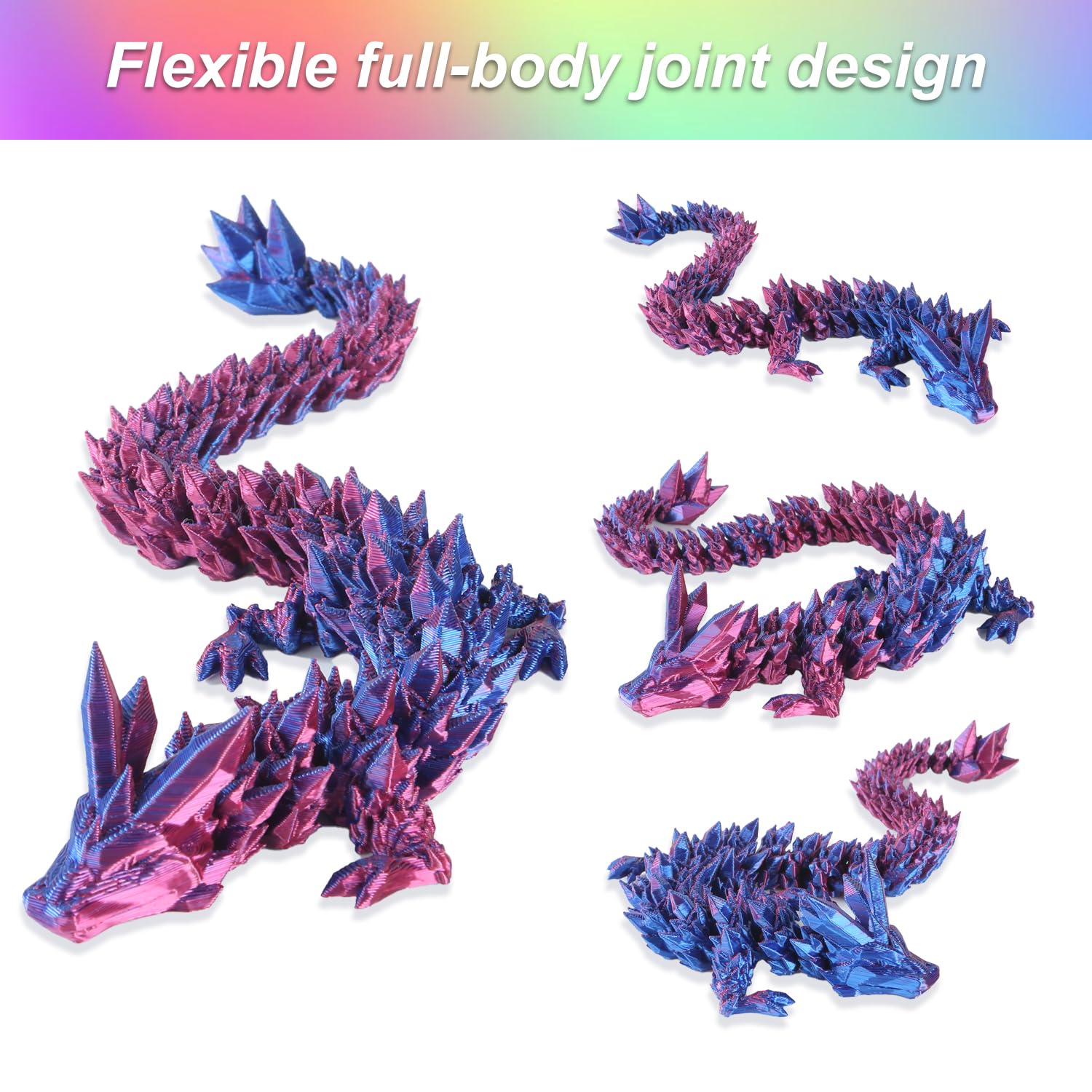 3Pcs 12in 3D Printed Dragon Toys - Flexible Articulated Crystal Dragon Fidget Toys for Kids & Adults with Autism/ADHD - Unique Home & Office Desk Decor for Stress Relief & Focus Enhancement