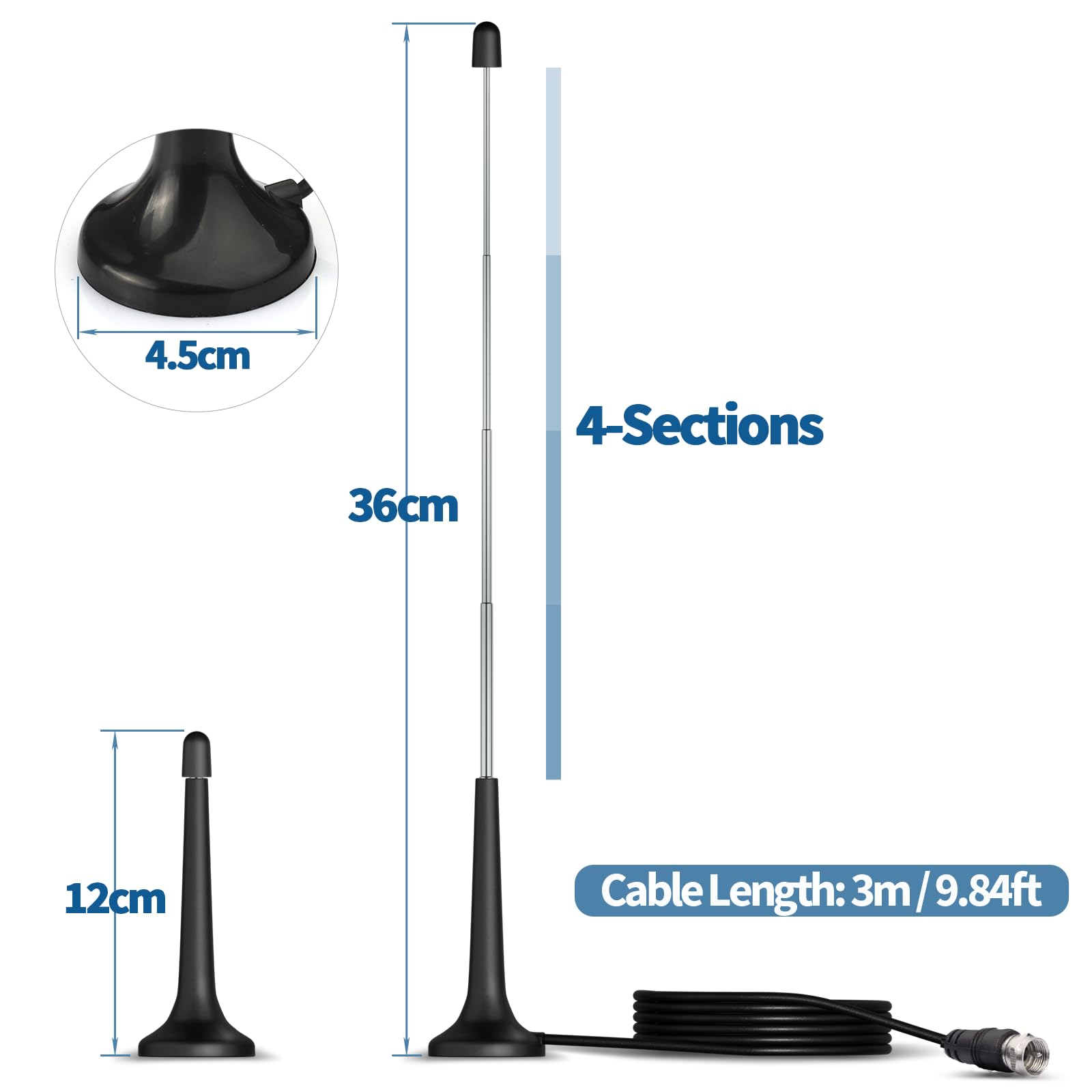 Bingfu DAB/FM Radio Antenna - 75 Ohm F Plug Digital Indoor Telescopic Aerial with Magnetic Base, 3Meter Extension Cable & 4 Adapters Kit - Compatible with Denon, Pioneer, Marantz - Perfect for Home, Office, and Car Audio Systems
