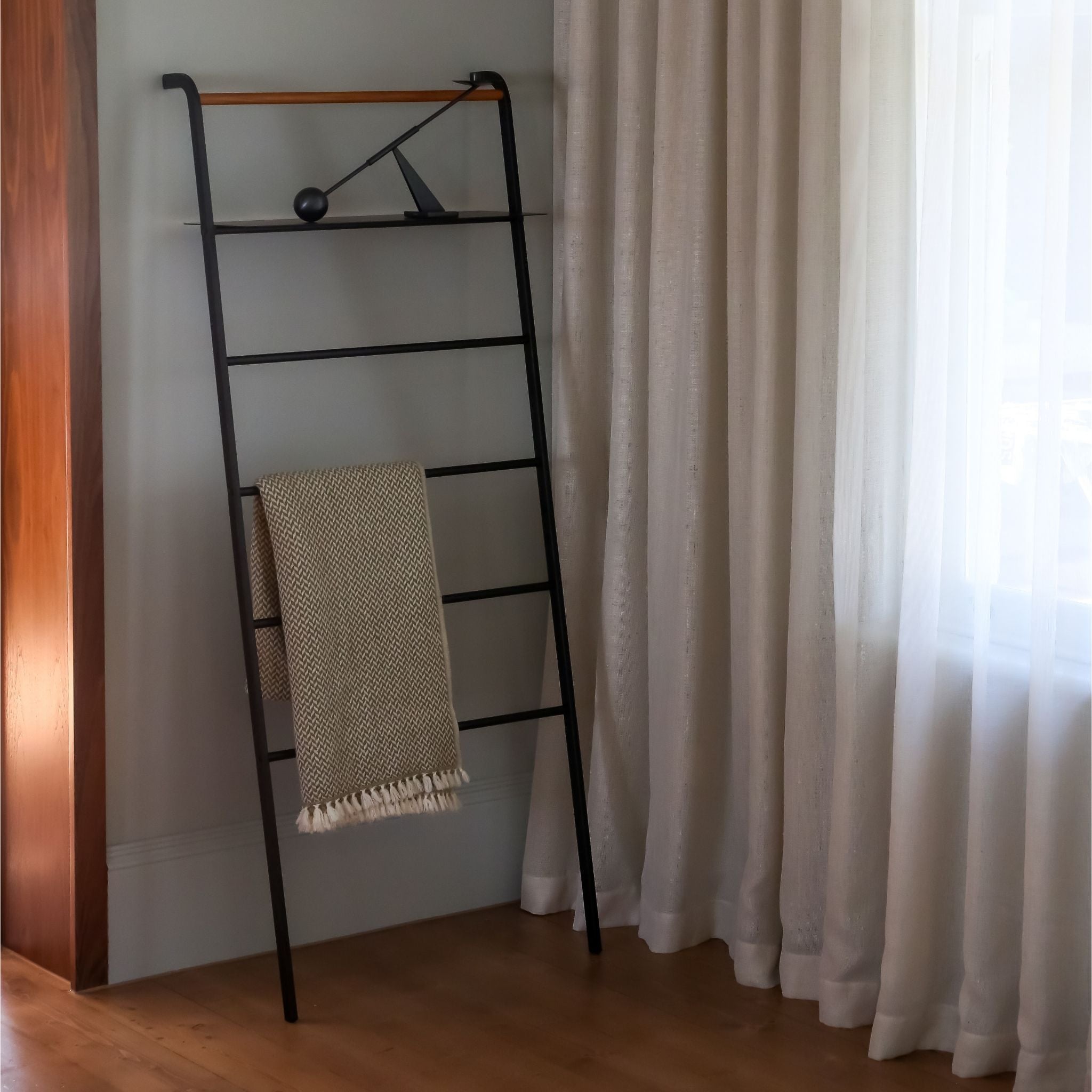 Adjustable Shelf Leaning Ladder Organizer - YAMAZAKI Space-Saving Tower Ladder for Home & Office Storage - Perfect for Books, Plants & Decorative Display (Black)