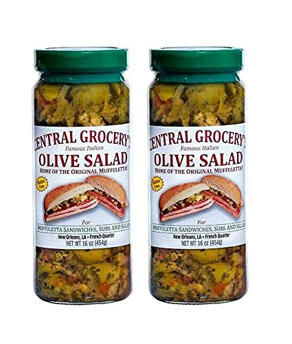 Central Grocery's Famous Muffaletta Italian Olive Salad - Authentic New Orleans Flavor - 2 Glass Jars (16oz/454g Each) - Perfect for Sandwiches, Charcuterie Boards & Italian Cooking
