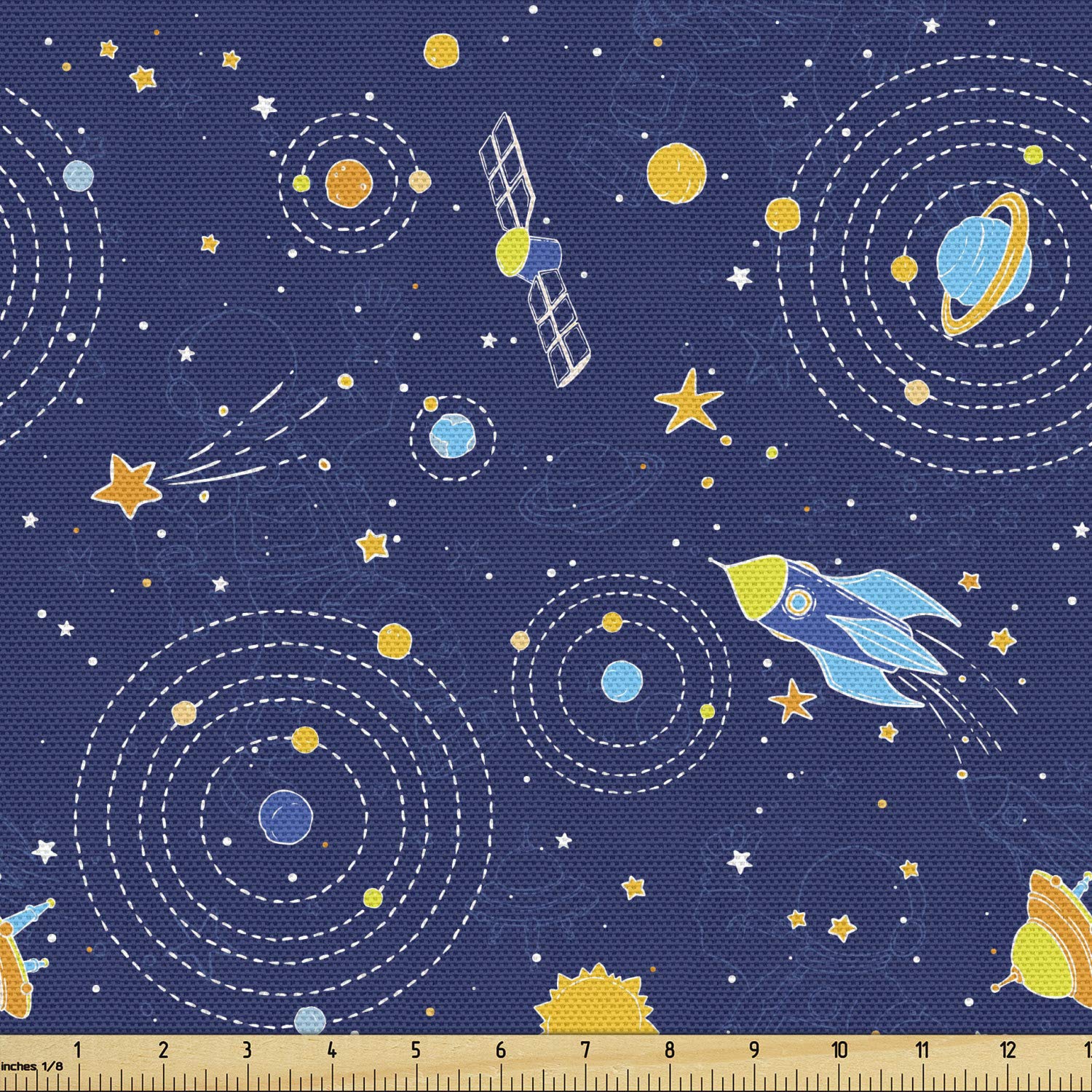 Ambesonne Galaxy Space Fabric by The Yard - Shooting Stars, Planets, Spaceship, Comet & Moon Fantasy Print - Decorative Upholstery Fabric for DIY Home Decor, Curtains, Pillows & Craft Projects - 10 Yards, Orange & Dark Blue - Perfect for Bedroom, Living Room & Space-Themed Parties