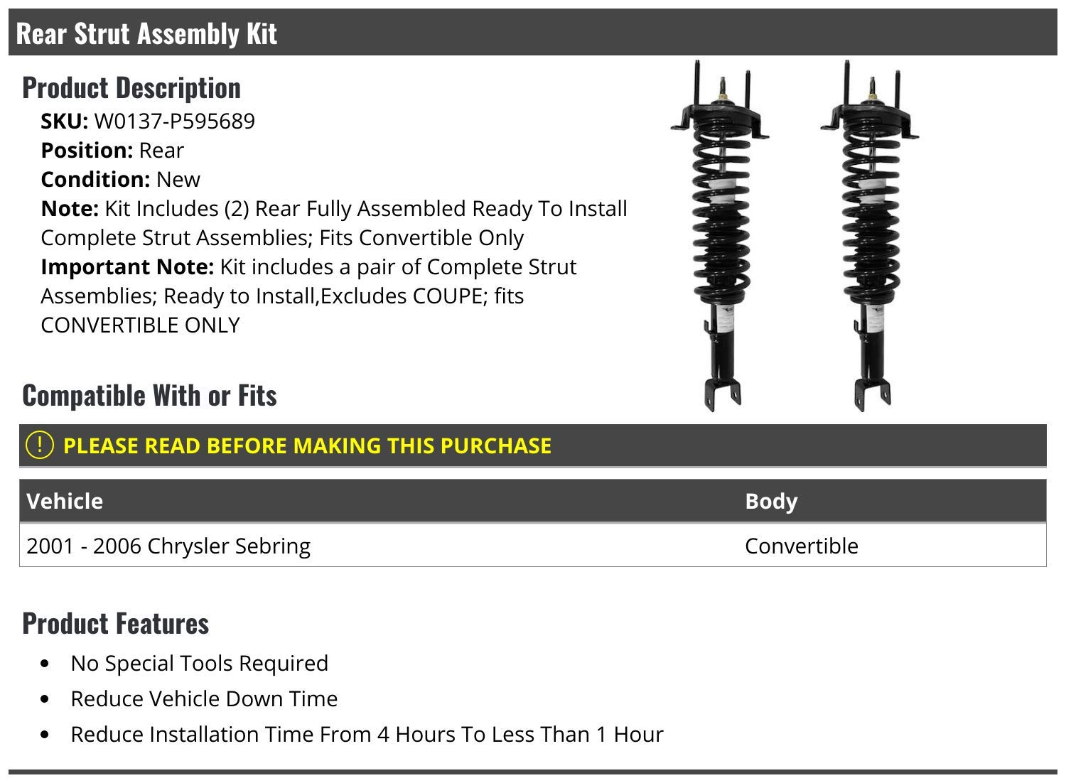 Rear Strut Coil Spring Assembly Kit for 2001-2006 Chrysler Sebring Convertible - Replacement Suspension Parts - Perfect for Smooth Ride & Enhanced Handling on Roads