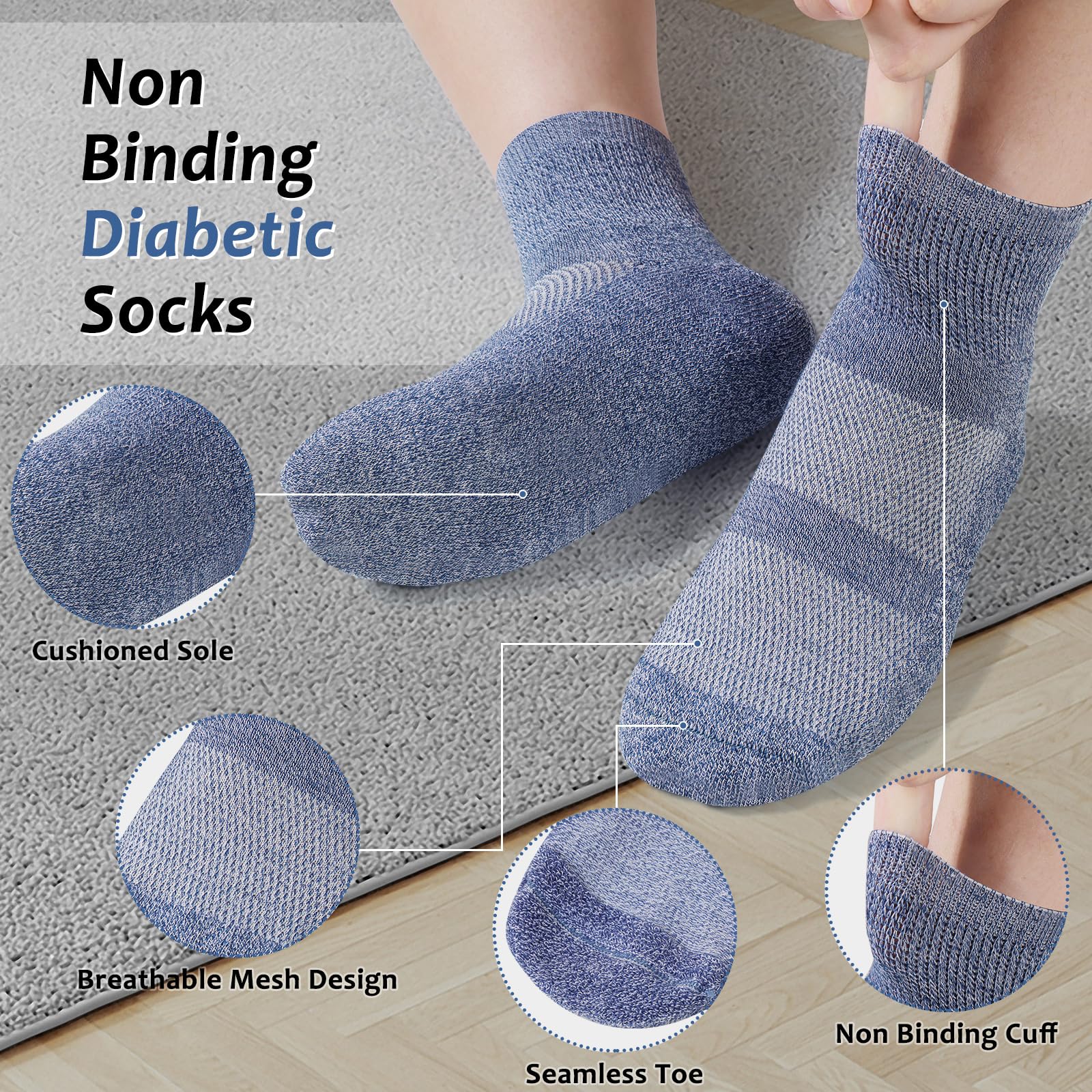 Diabetic Socks for Men & Women - 5 Pairs Bamboo Non-Binding Ankle Socks for Circulation & Comfort (Dark, Large) - Ideal for Diabetes, Neuropathy & Daily Wear