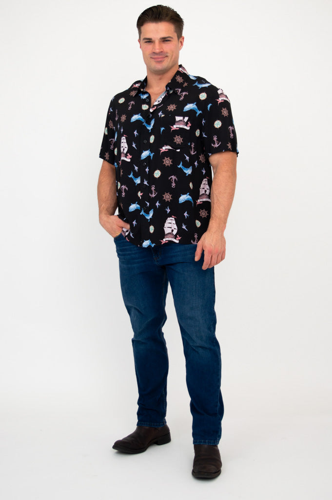 Dino Shirt for Men - Stylish Sailor Design Woven Bamboo Fabric - Perfect for Casual Wear & Summer Outfits