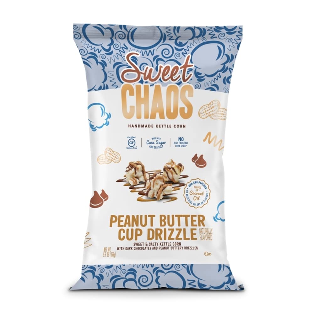 Sweet Chaos Peanut Butter Cup Drizzle Popcorn - 5.5 oz (12 Pack) | Gourmet Chocolate & Peanut Butter Snack | Perfect for Movie Nights, Parties & Office Treats