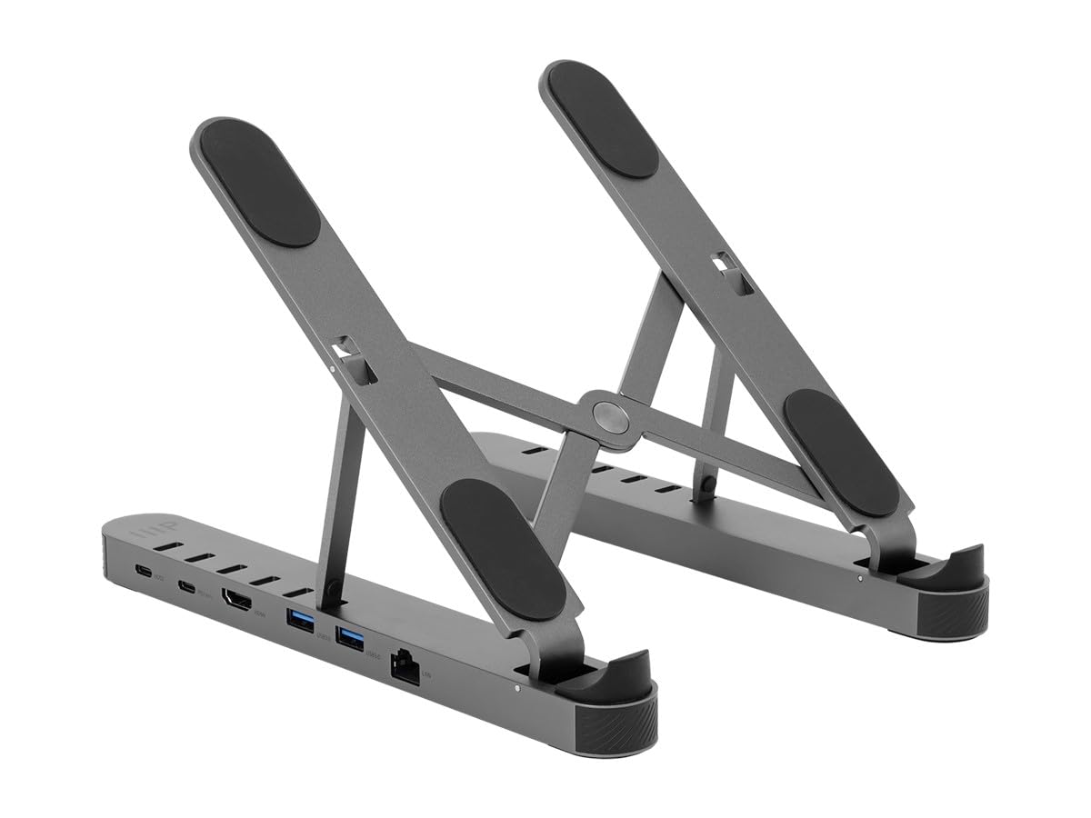 Monoprice 6-in-1 Portable Folding Laptop Stand with USB-C Docking Station - 4K HDMI, Gigabit Ethernet, Adjustable Angles, Multi-Port Hub for MacBook, Dell, HP - Perfect for Home Office, Remote Work & Travel